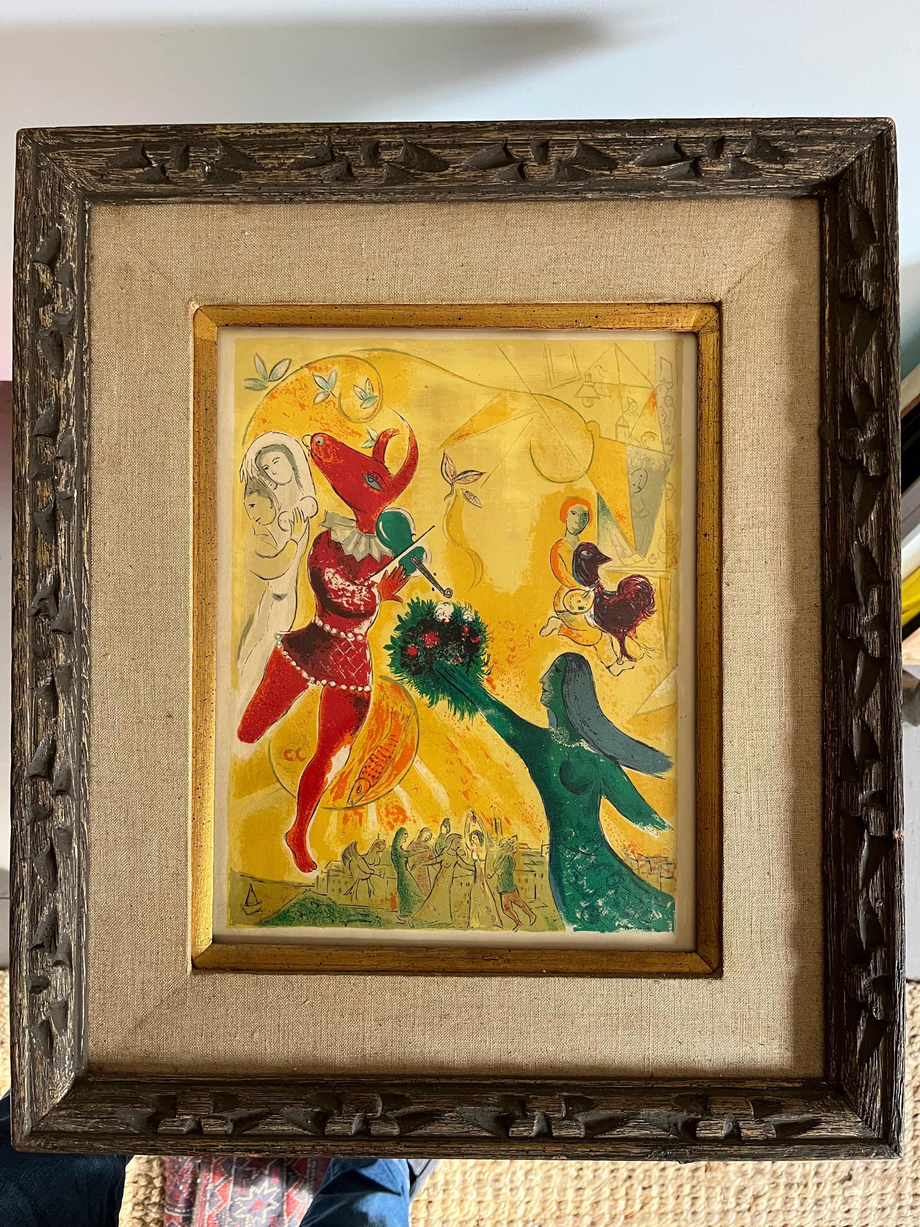 An original lithograph by Marc Chagall, titled “The Dance” circa 1950, signed in the plate. 
The size of the image is 10” w x 13.5” h
In a period frame, matted, behind glass. 
Note on reverse indicates title is “Homage to Music”