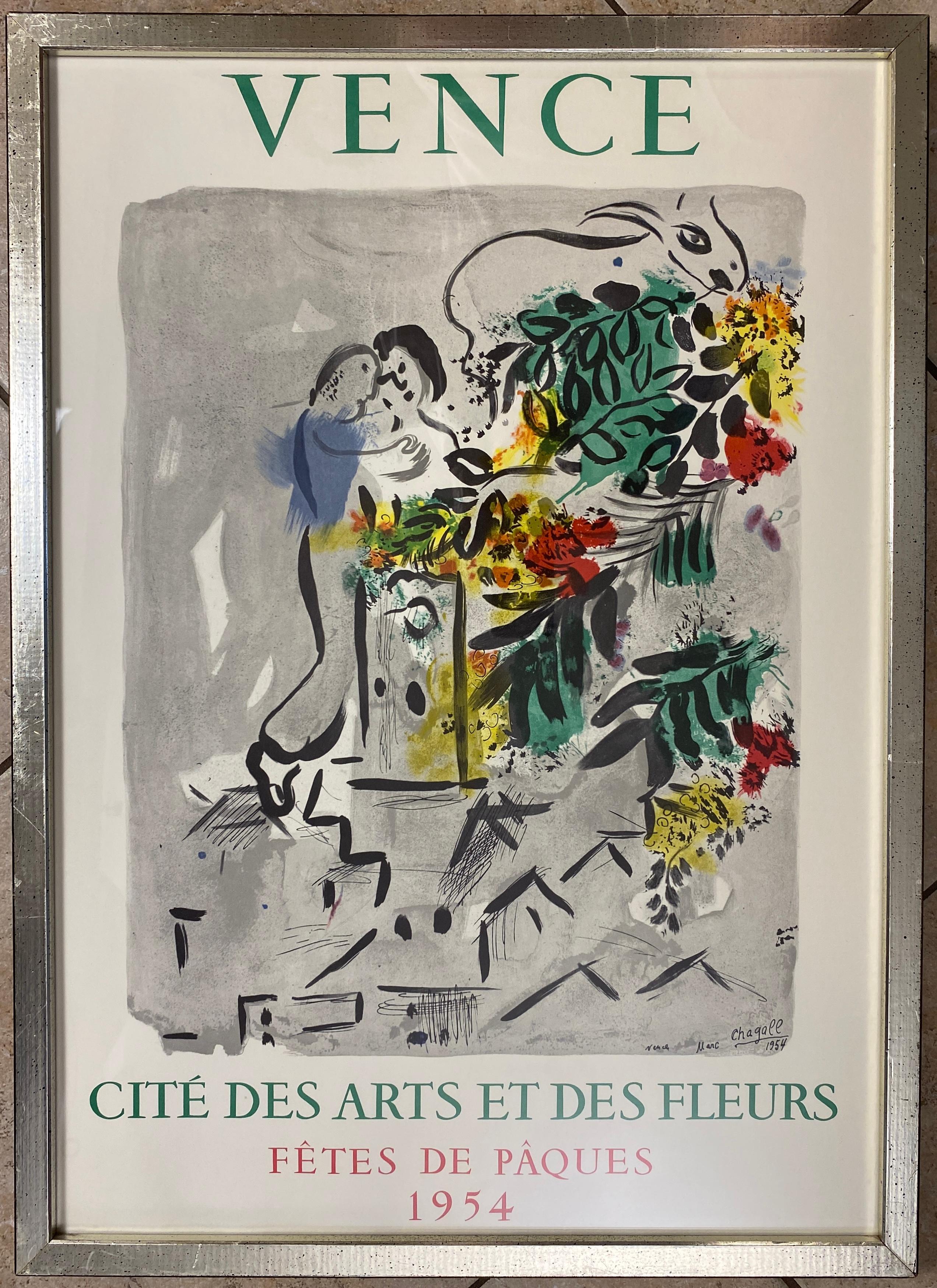 Vintage Marc Chagall color print, 1954. 

This decorative print featuring the work of famed French artist Marc Chagall is professionally framed. It is a commemorative work featuring bright colors and figures. 
Measures: 20 7/8