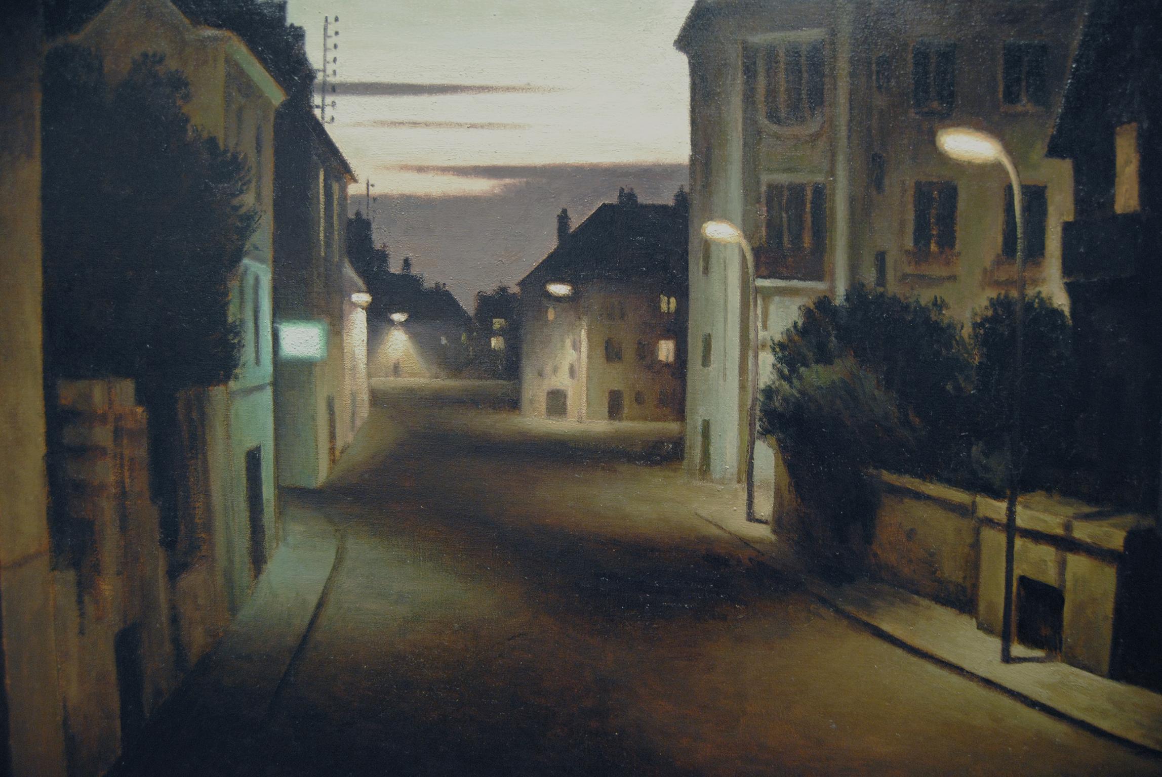 This large-scale painting titled ‘The Castle’ depicts a lonely character walking down the empty lamp-lit streets, where a few warmly lit windows indicate the presence of people inside their homes. It is dusk and purple-grayish clouds contrast with