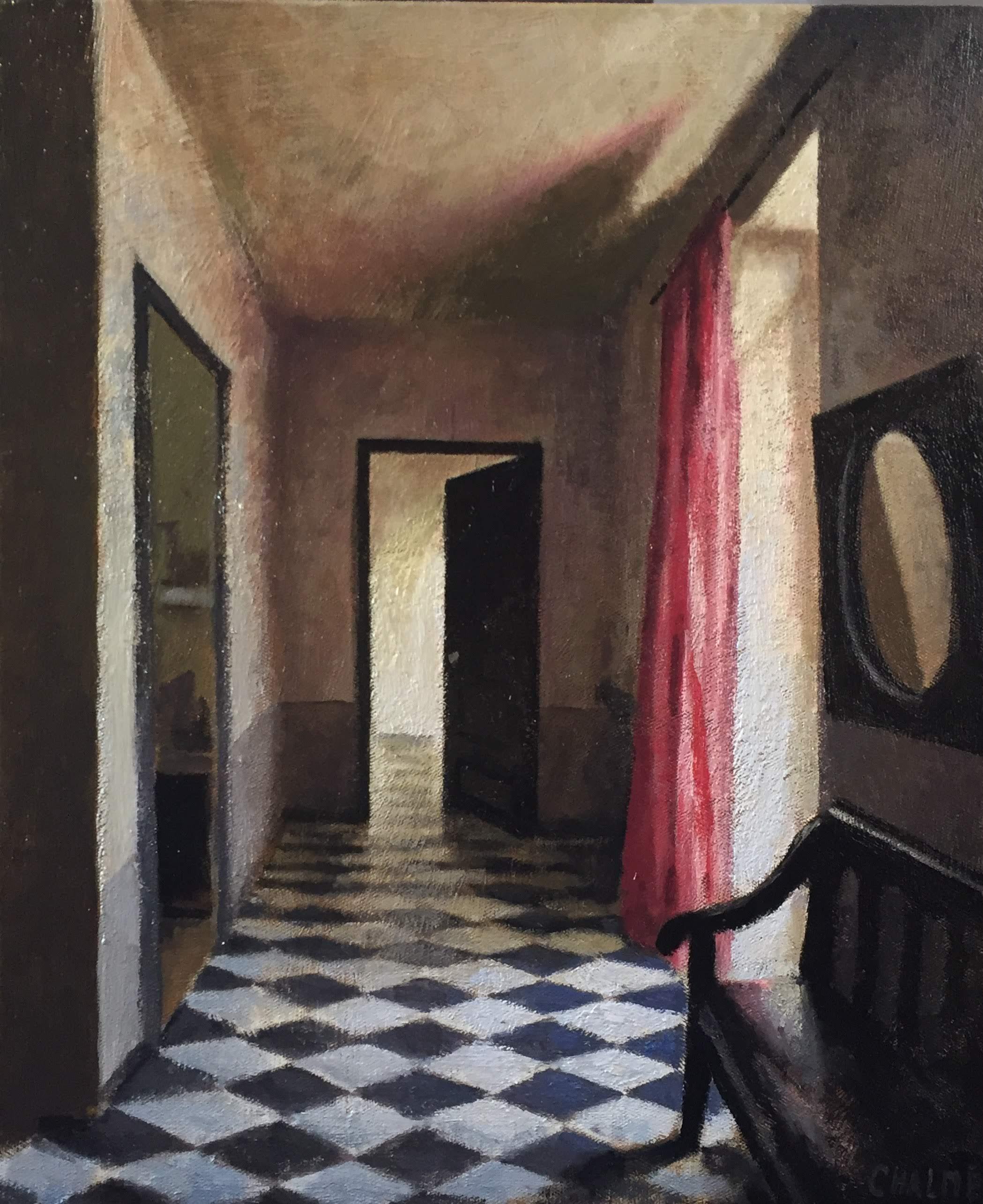 Figurative Painting de Marc Chalme - Le rideau rose