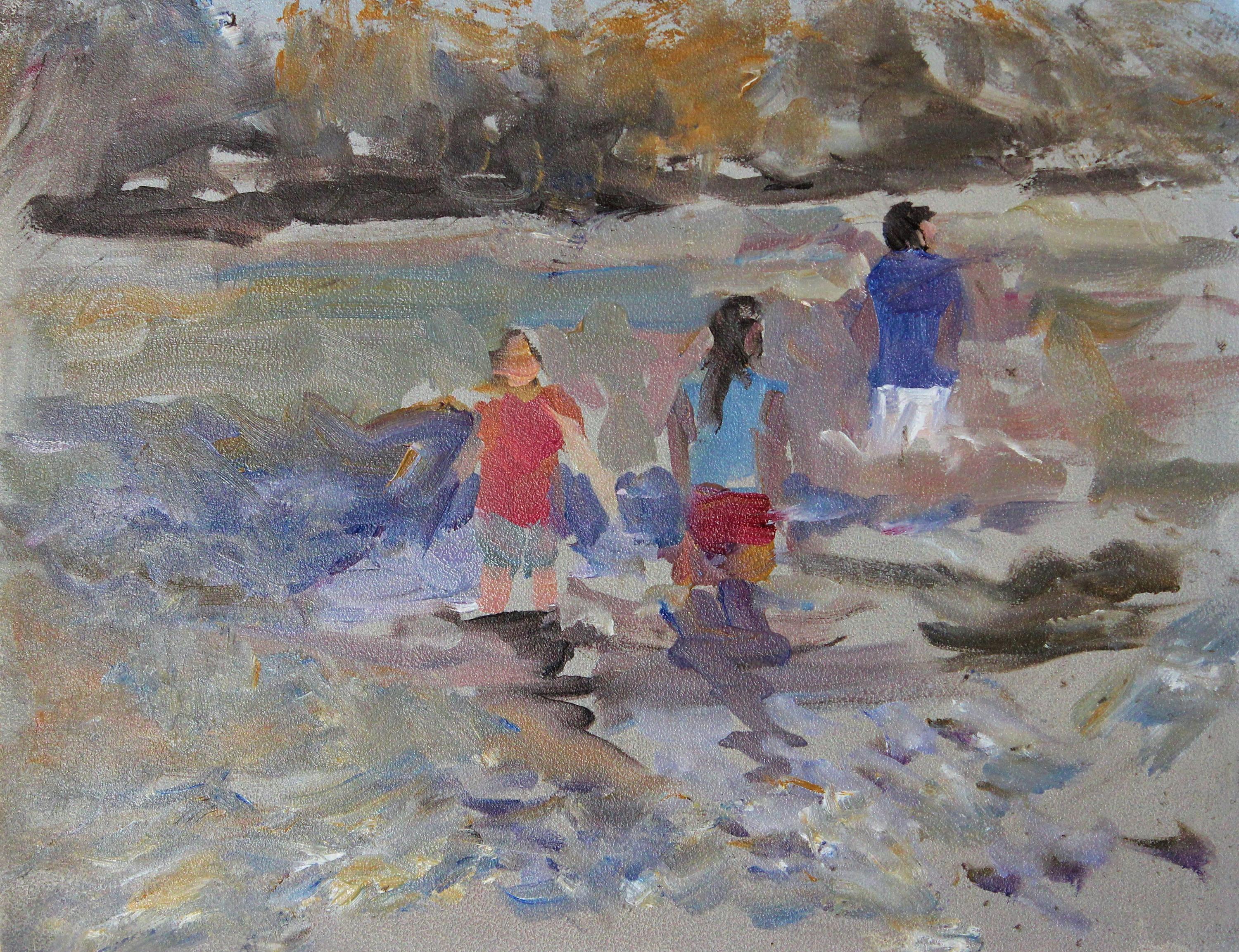 ""Sommerzeit"" - Zeitgenössischer Impressionismus - Figurative Strandszene - Mantel