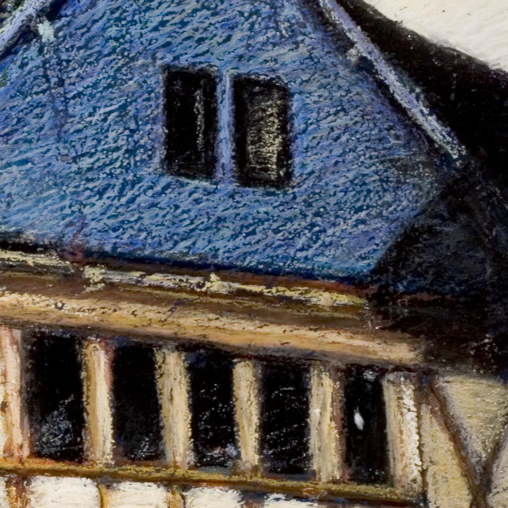 French Half-Timbered House with Slate Roof Oil Pastel For Sale 2