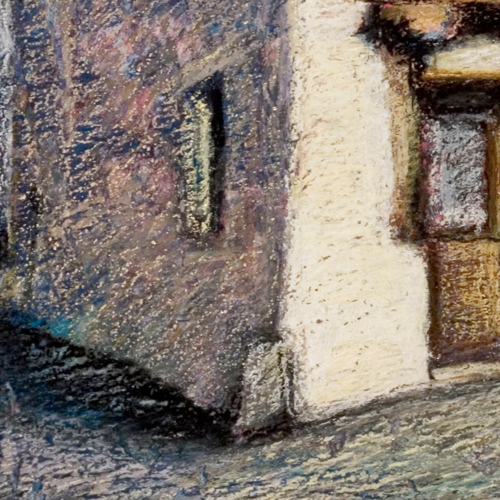 French Half-Timbered House with Slate Roof Oil Pastel For Sale 3