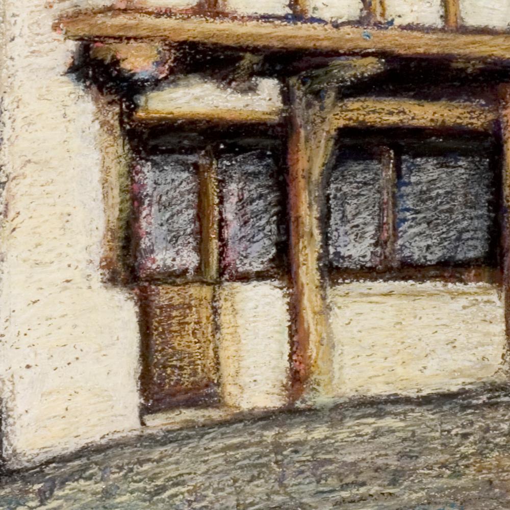 French Half-Timbered House with Slate Roof Oil Pastel For Sale 5