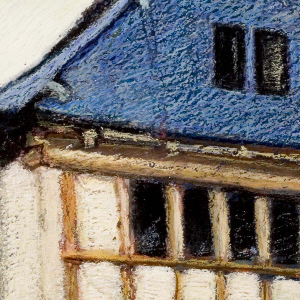 French Half-Timbered House with Slate Roof Oil Pastel For Sale 6