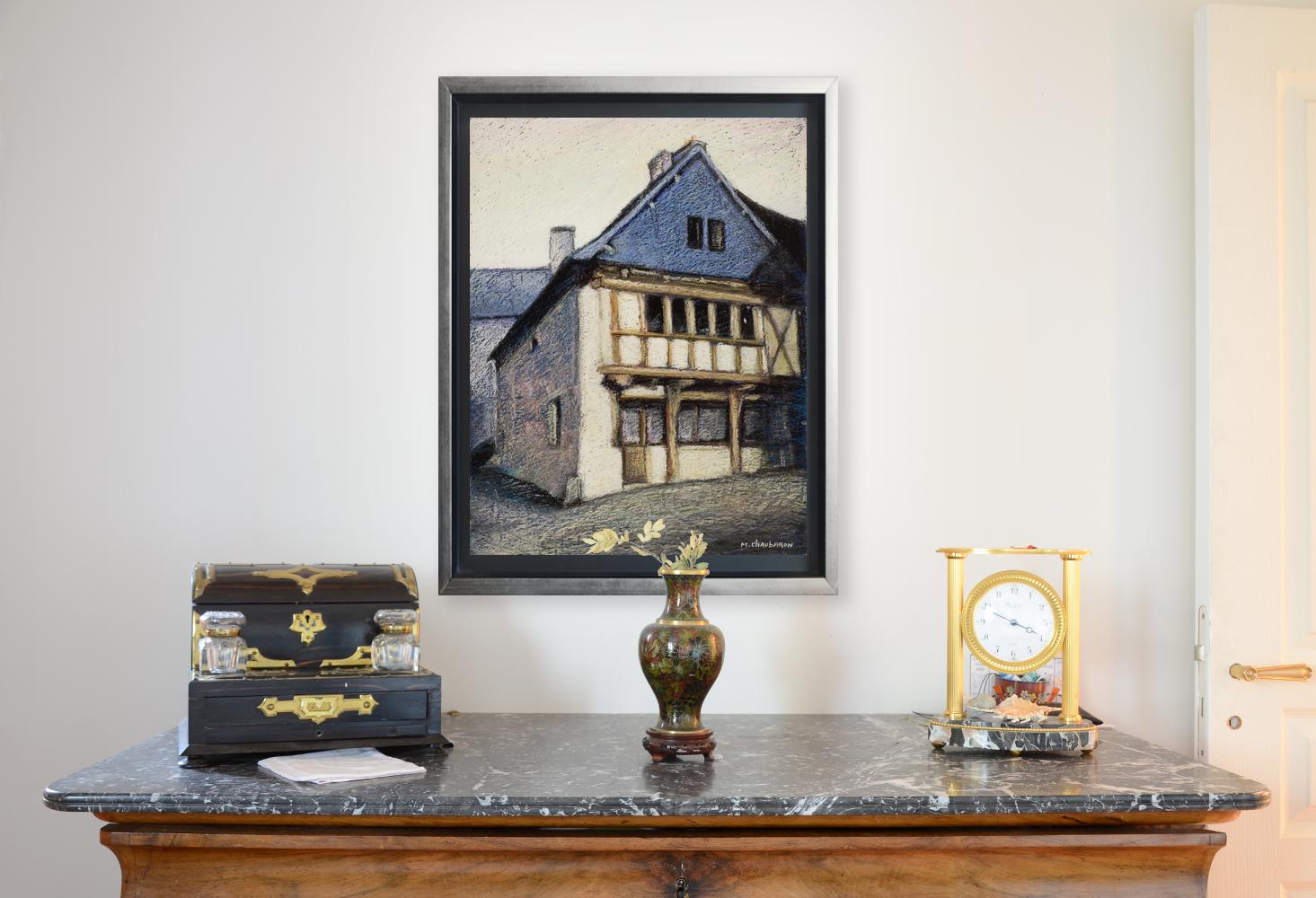 Halbämmertes, französisches Haus mit Schieferbaldachin-Ölpastell – Painting von Marc Chaubaron