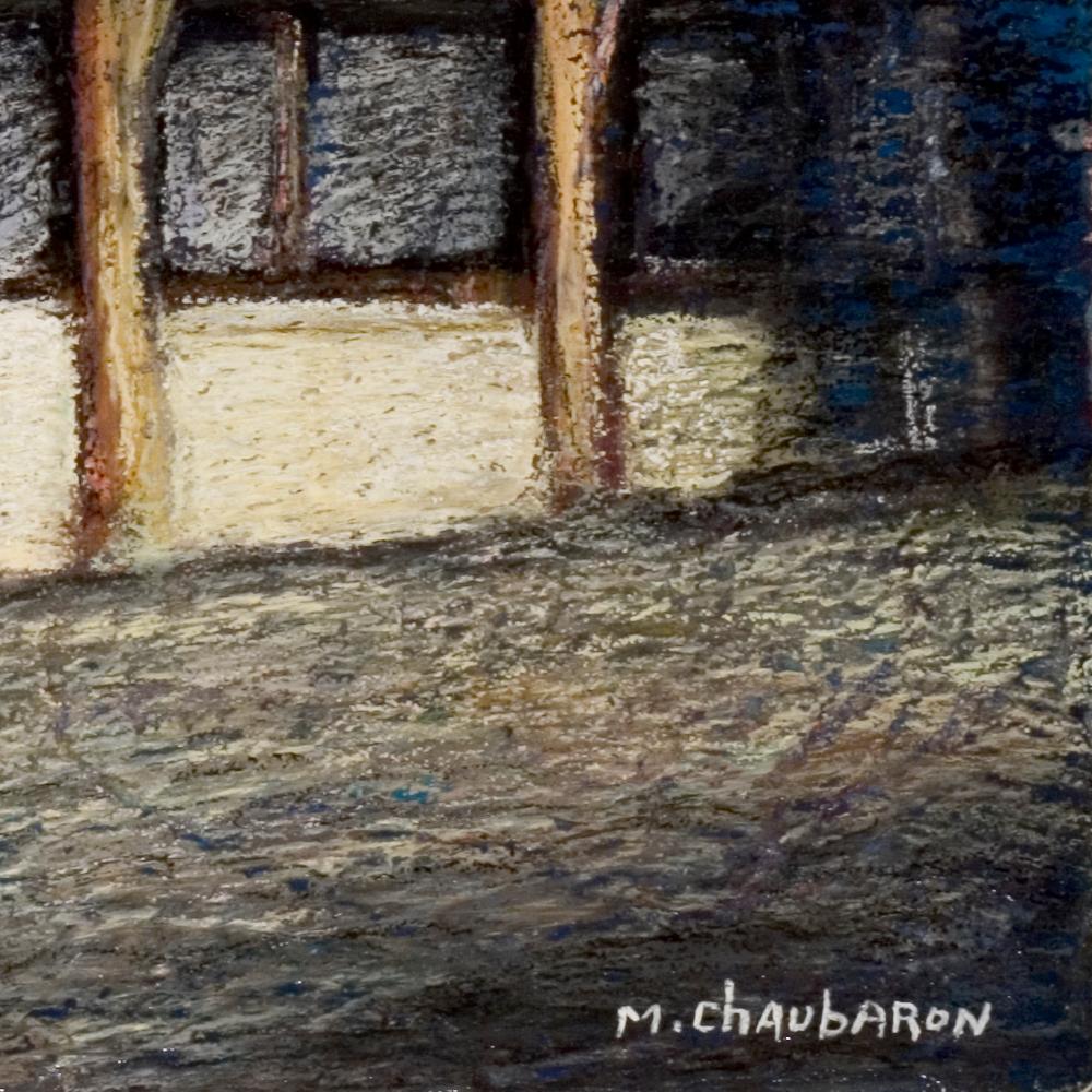 French Half-Timbered House with Slate Roof Oil Pastel - Impressionist Painting by Marc Chaubaron