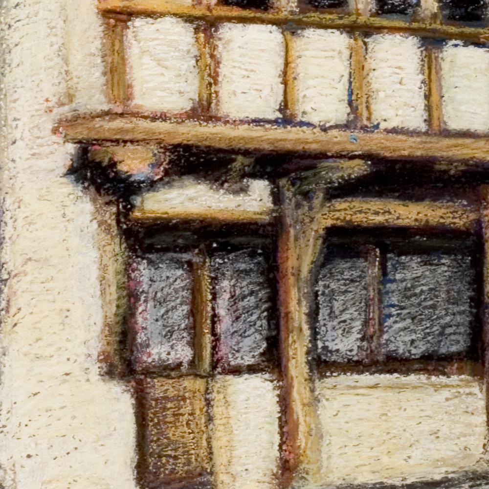 French Half-Timbered House with Slate Roof Oil Pastel - Gray Figurative Painting by Marc Chaubaron