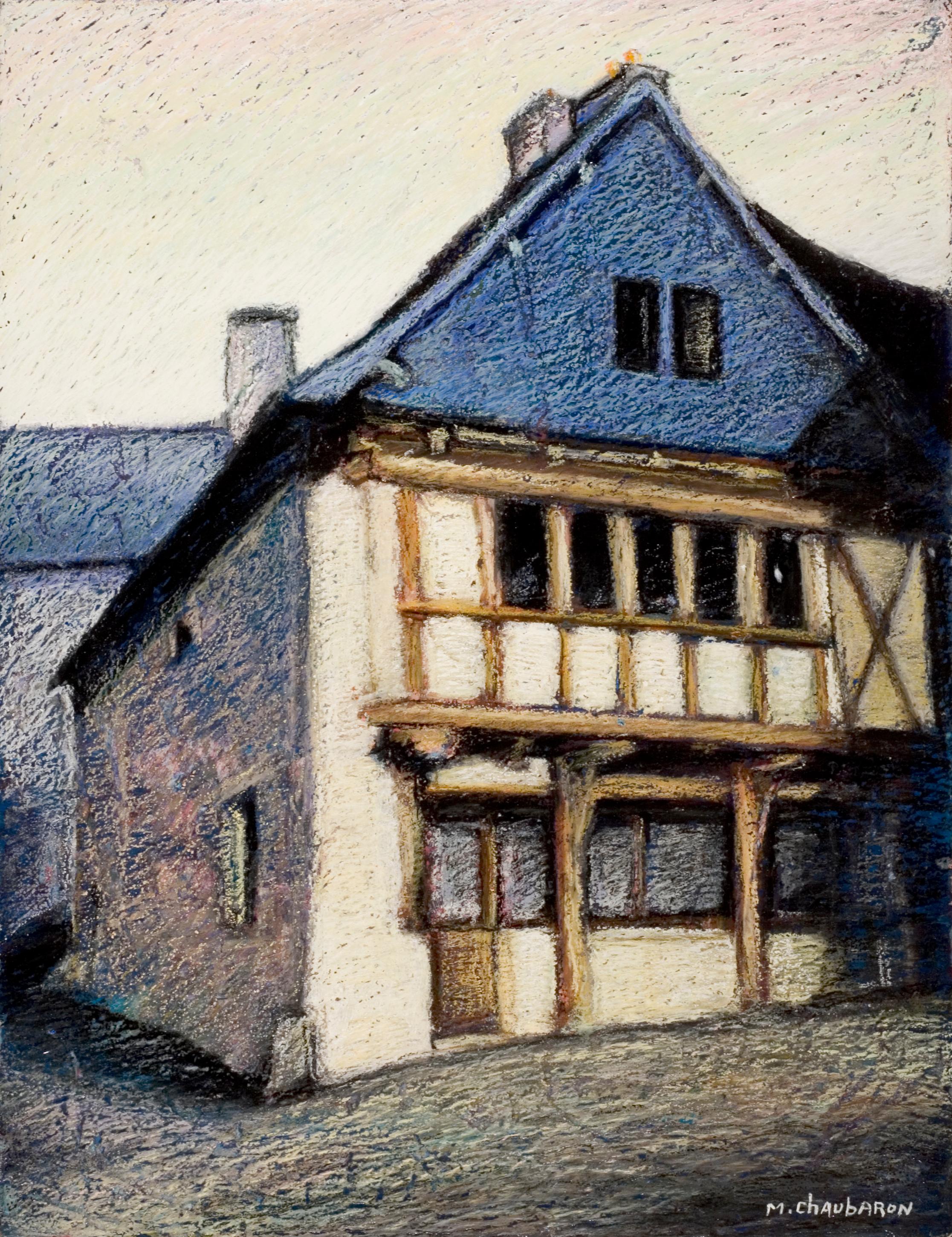 French Half-Timbered House with Slate Roof Oil Pastel