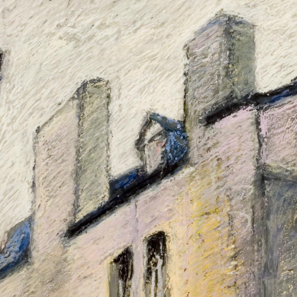 House with Chimneys in Small French Village Empty Street Oil Pastel For Sale 3