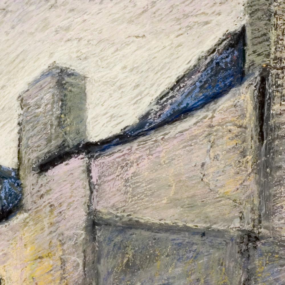 House with Chimneys in Small French Village Empty Street Oil Pastel For Sale 4