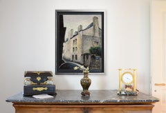 Casa con chimeneas en pequeño pueblo francés Calle vacía Pastel al óleo