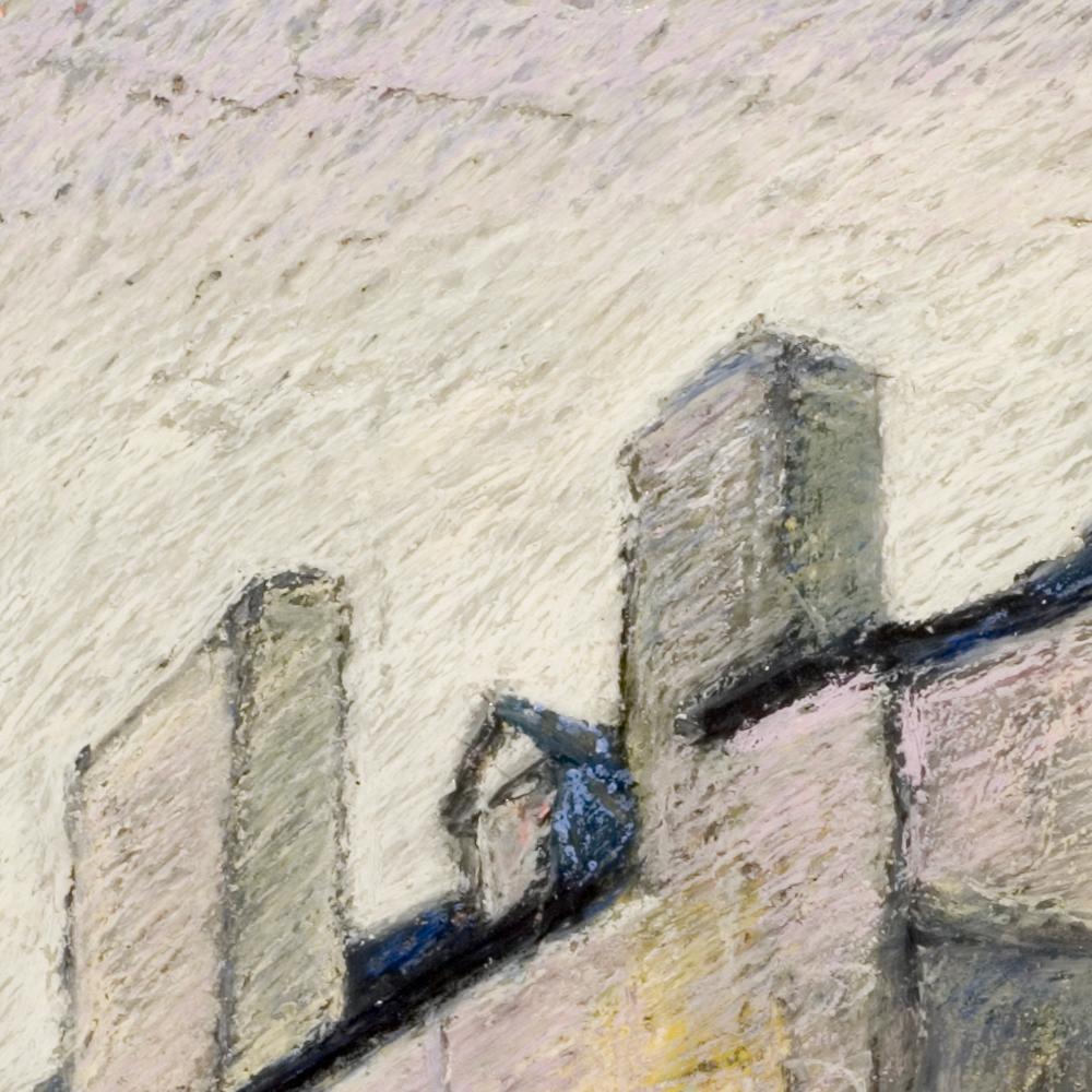 House with Chimneys in Small French Village Empty Street Oil Pastel - Brown Landscape Painting by Marc Chaubaron