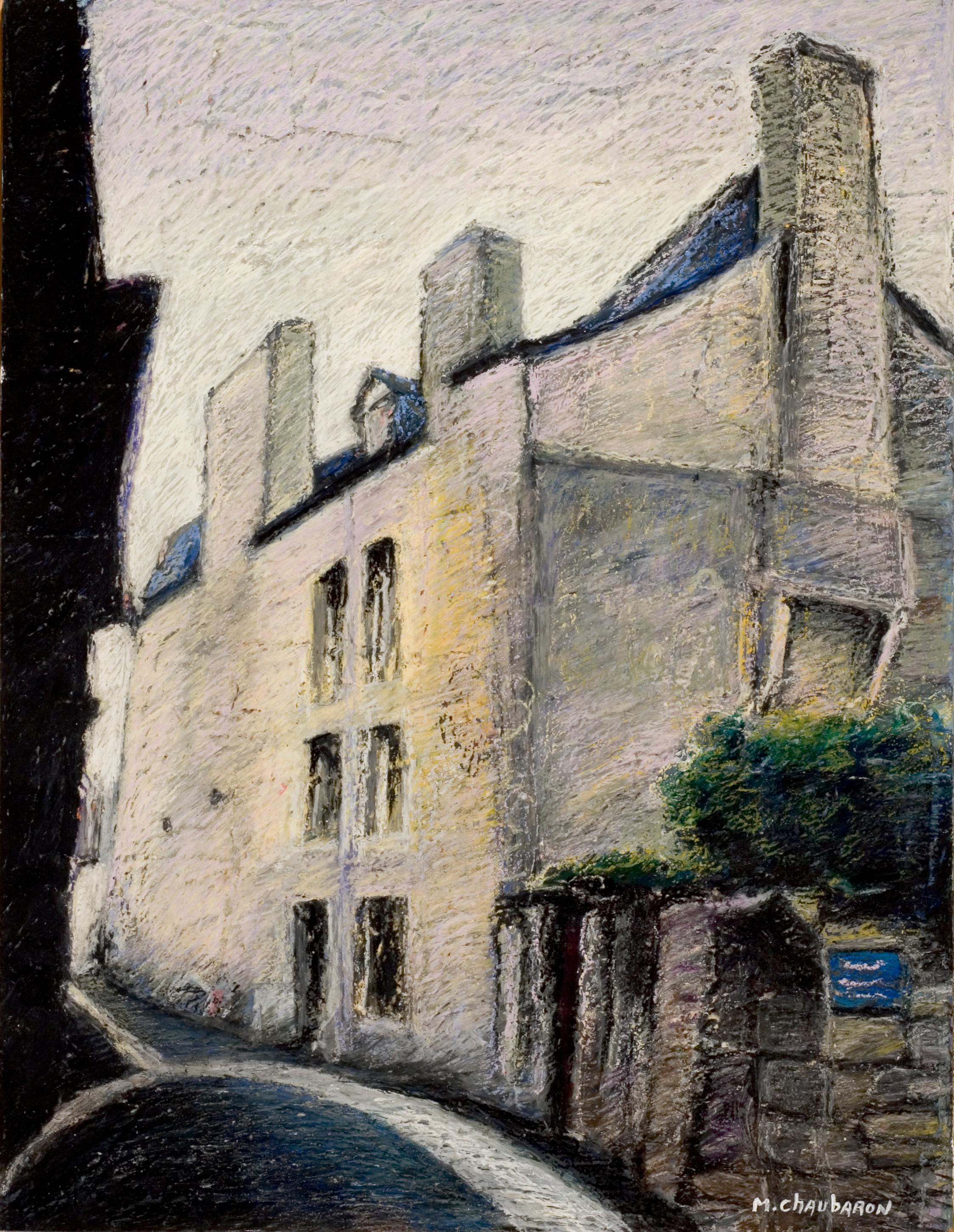 Marc Chaubaron Landscape Painting - House with Chimneys in Small French Village Empty Street Oil Pastel