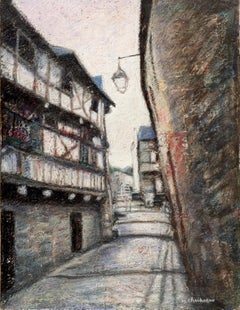 Small French Village Empty Stairway Street with Half-Timbered Houses Oil Pastel