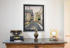 Petite rue du Village Empty Street avec éclairage de rue de style ancien:: pastel d'huile