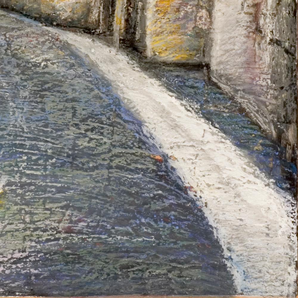 Small French Village Empty Street with Old Style Street Light Oil Pastel - Impressionist Painting by Marc Chaubaron