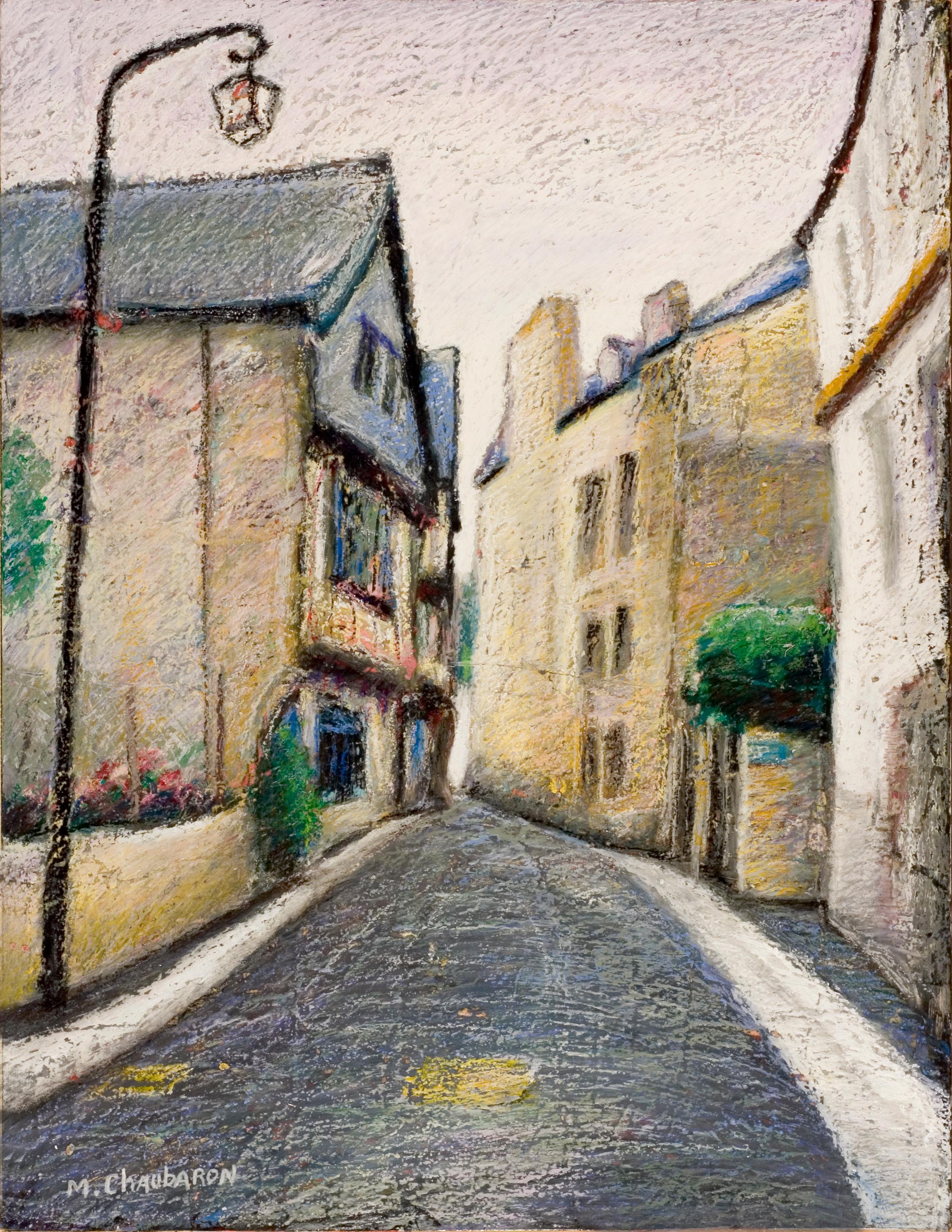 Marc Chaubaron Landscape Painting - Small French Village Empty Street with Old Style Street Light Oil Pastel