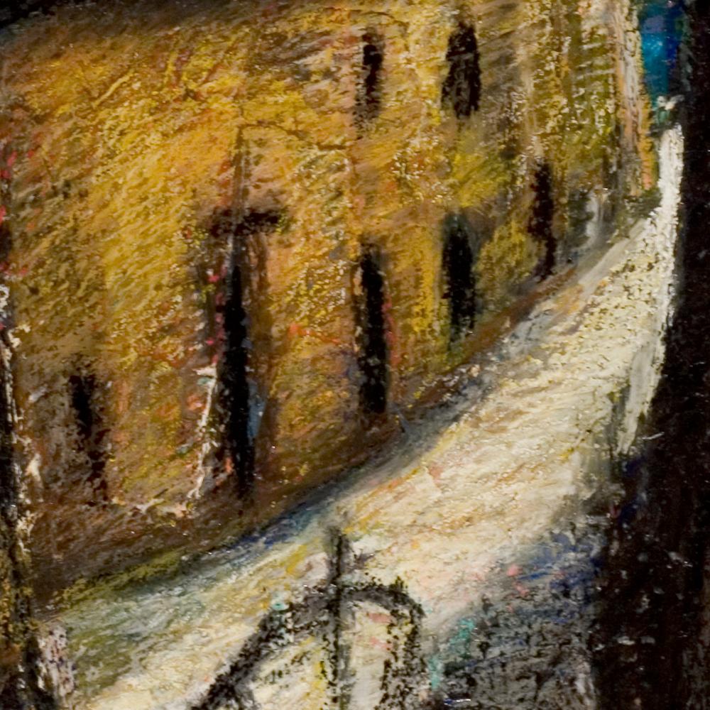 Small French Village Empty Street with Stone Houses and Orange Sky Oil Pastel 2