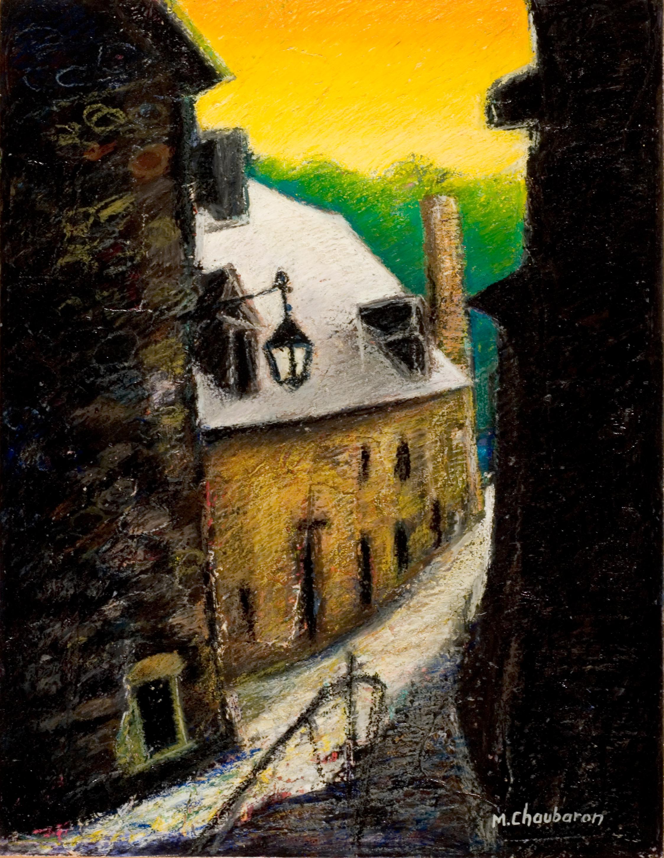 Marc Chaubaron Figurative Painting - Small French Village Empty Street with Stone Houses and Orange Sky Oil Pastel