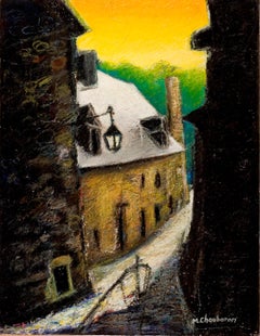 Small French Village Empty Street with Stone Houses and Orange Sky Oil Pastel