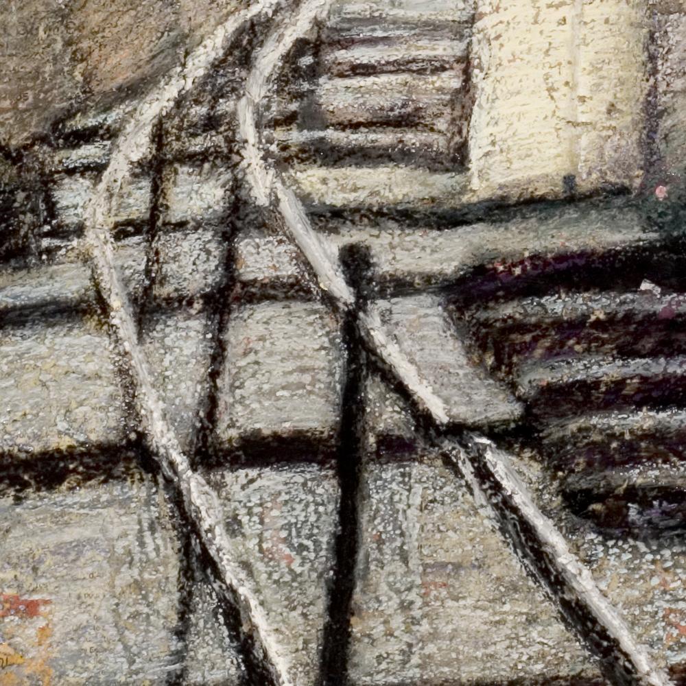 Stairs Bording Houses in a Small French Village Oil Pastel For Sale 5