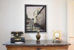 Escaleras que bordean las casas de un pequeño pueblo francés Pastel al óleo