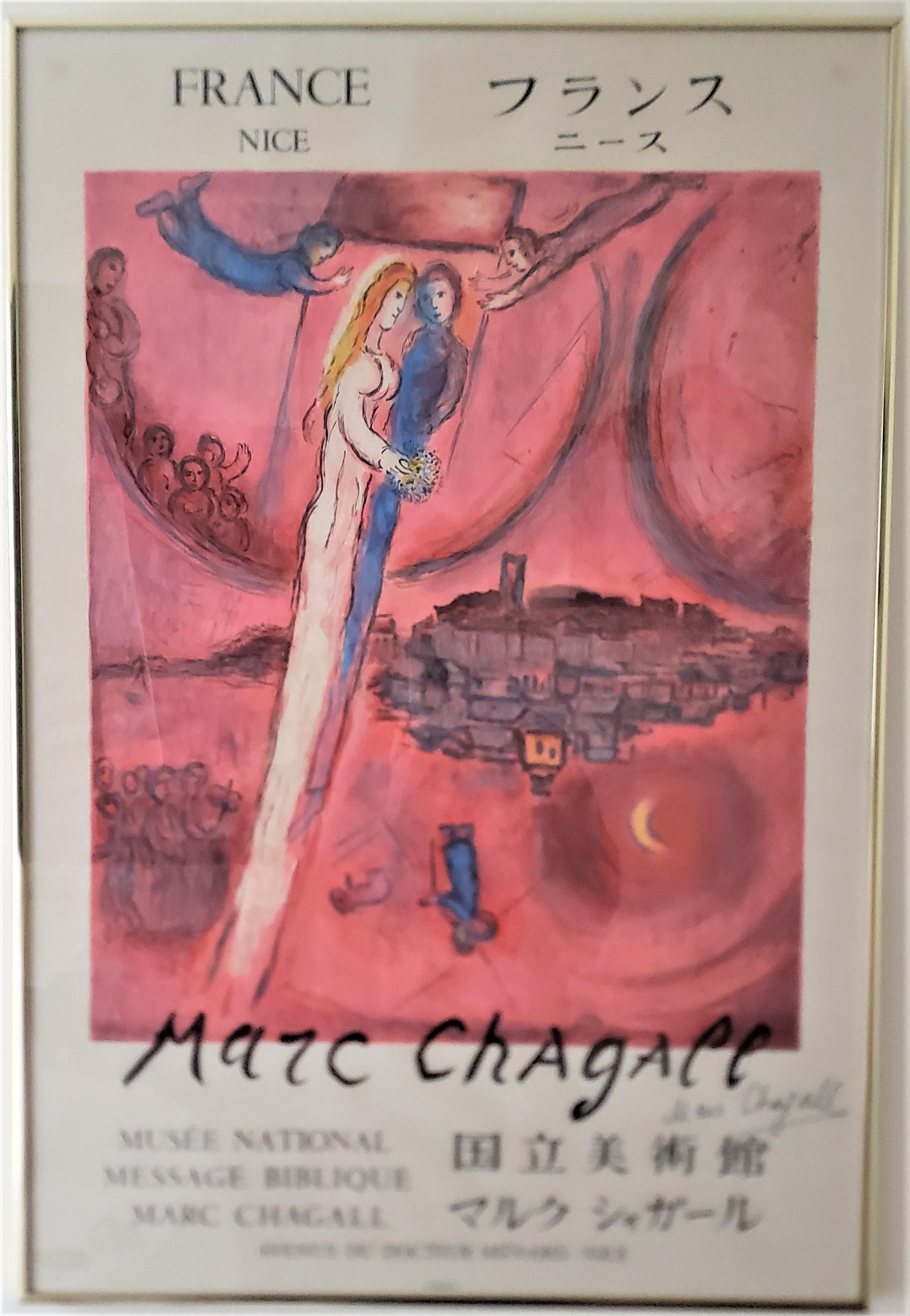 This original poster was printed by Mourlot for the National Museum of Nice France for the Marc Chagall exhibition in approximately 1970 in his Surrealistic style. This lithograph is titled 