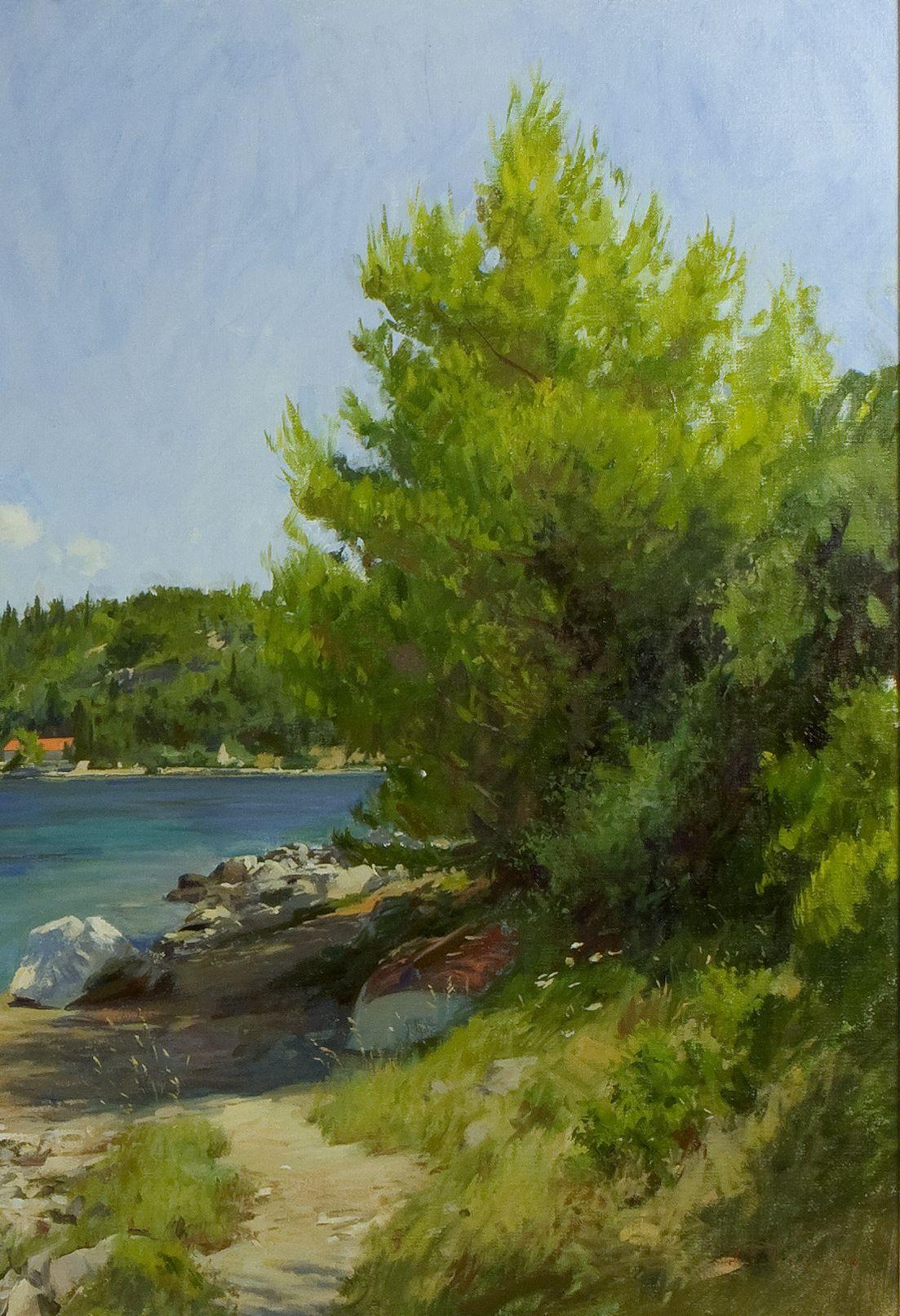 A view of the Estuary at Vrnik in Croatia, Oil on canvas, framed - Painting by Marc Dalessio