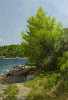 A view of the Estuary at Vrnik in Croatia, Oil on canvas, framed