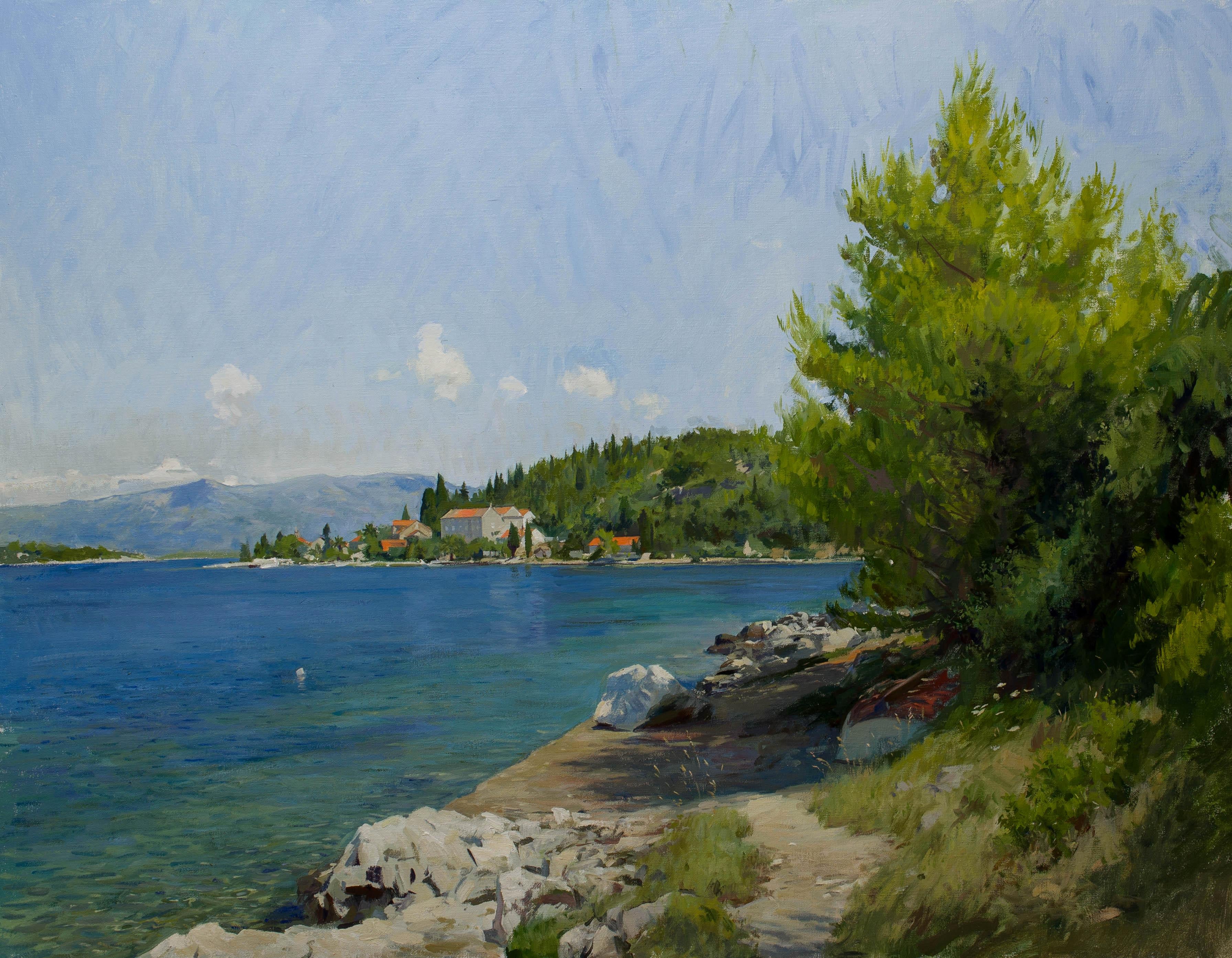 Marc Dalessio Landscape Painting - A view of the Estuary at Vrnik in Croatia, Oil on canvas, framed