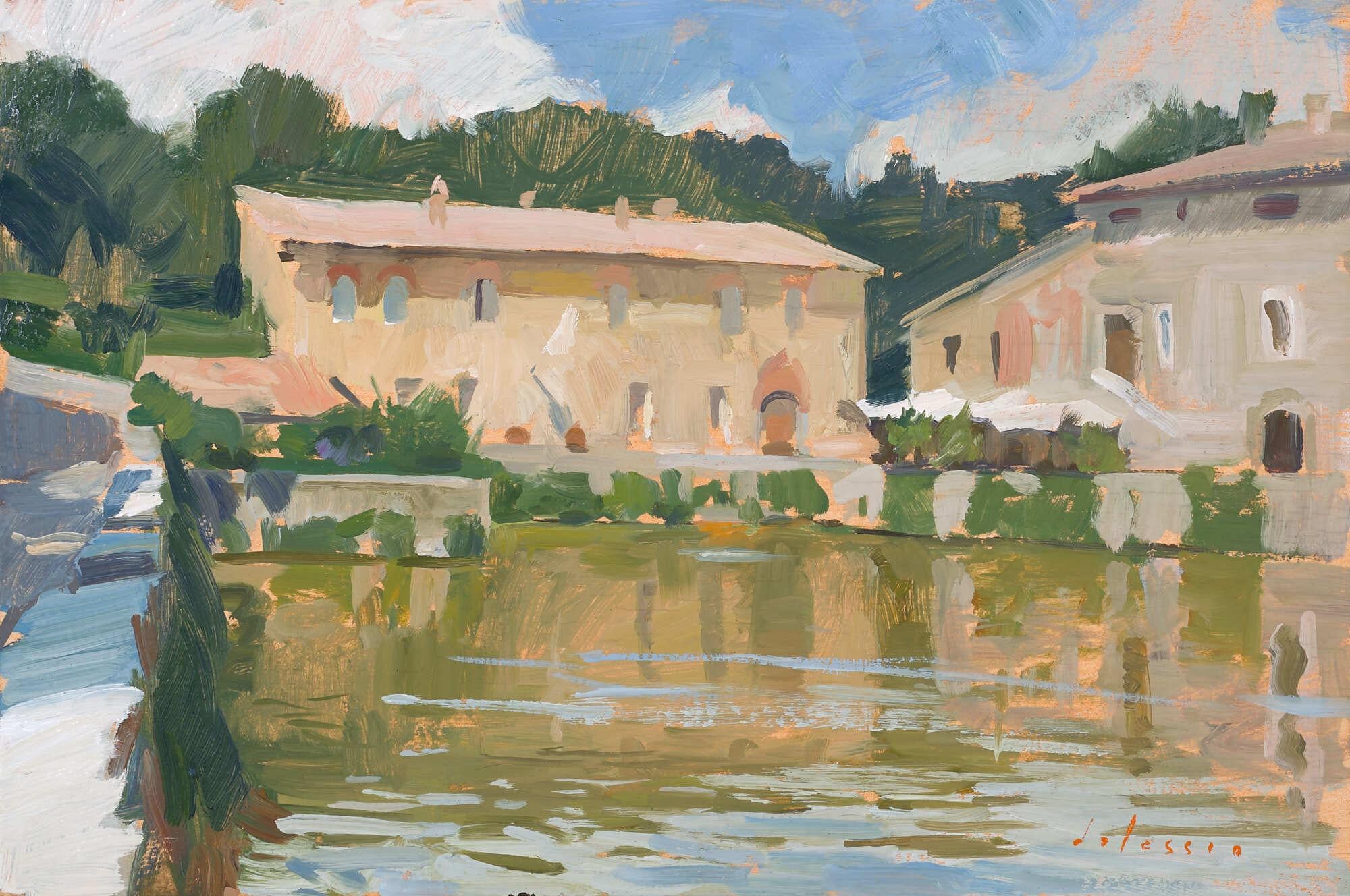 Marc Dalessio Still-Life Painting - "Bagno Vignoni" impressionist painting of Italian village architecture