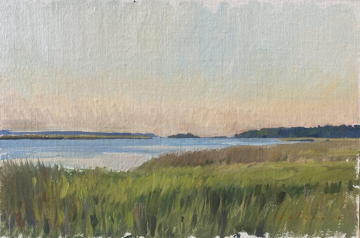 "Erba della spiaggia, crepuscolo" Quadro a olio di un tranquillo paesaggio marino a East Hampton, NY
