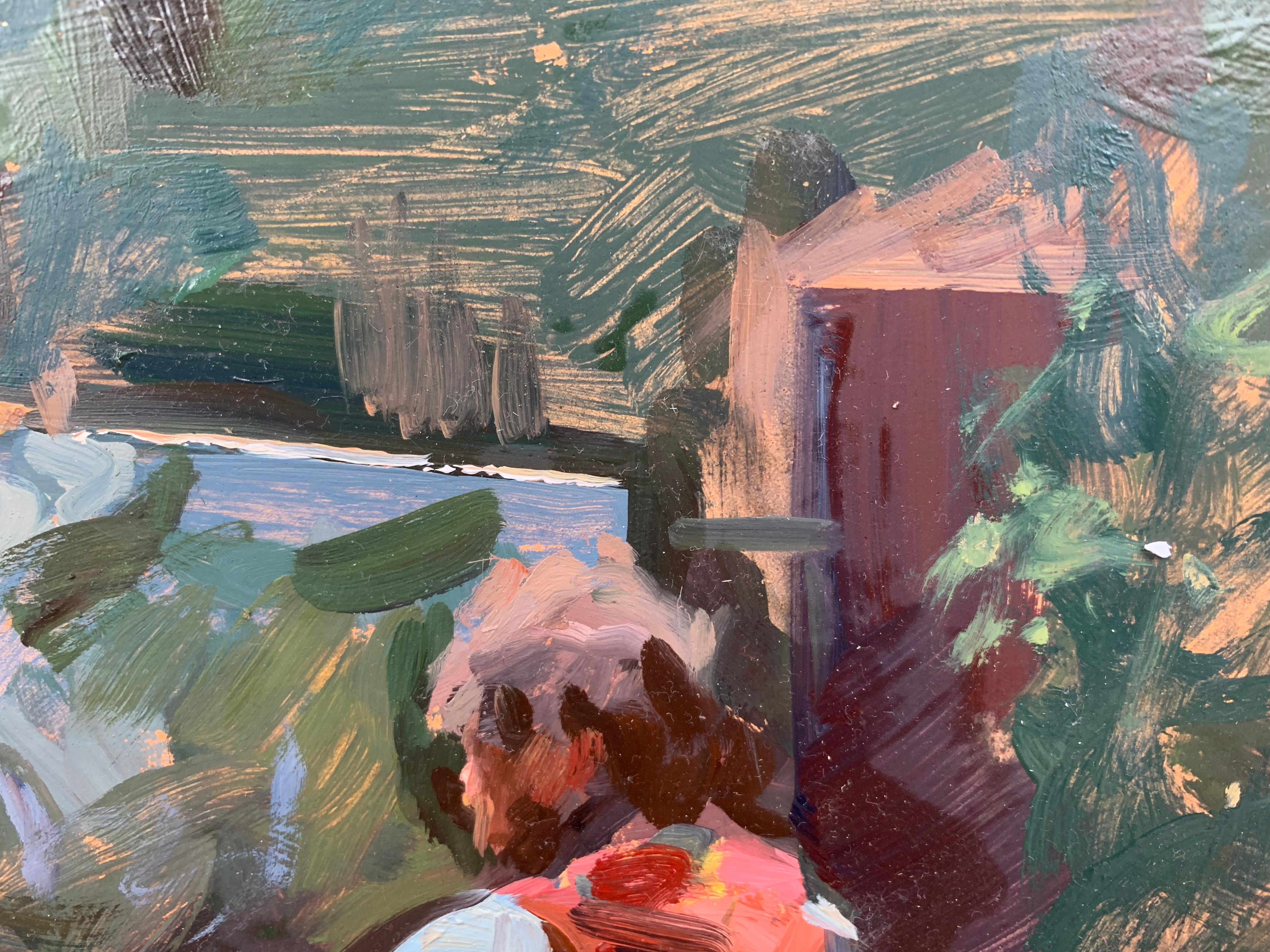 Ein Pleinair-Gemälde von einem Pleinair-Maler! Ein impressionistisches Ölgemälde eines befreundeten Künstlers, Ben Fenske, der im Freien malt. In Italien gemalt, fängt der amerikanische Realist Marc Dalessio den Künstler Ben Fenske von der Grenning