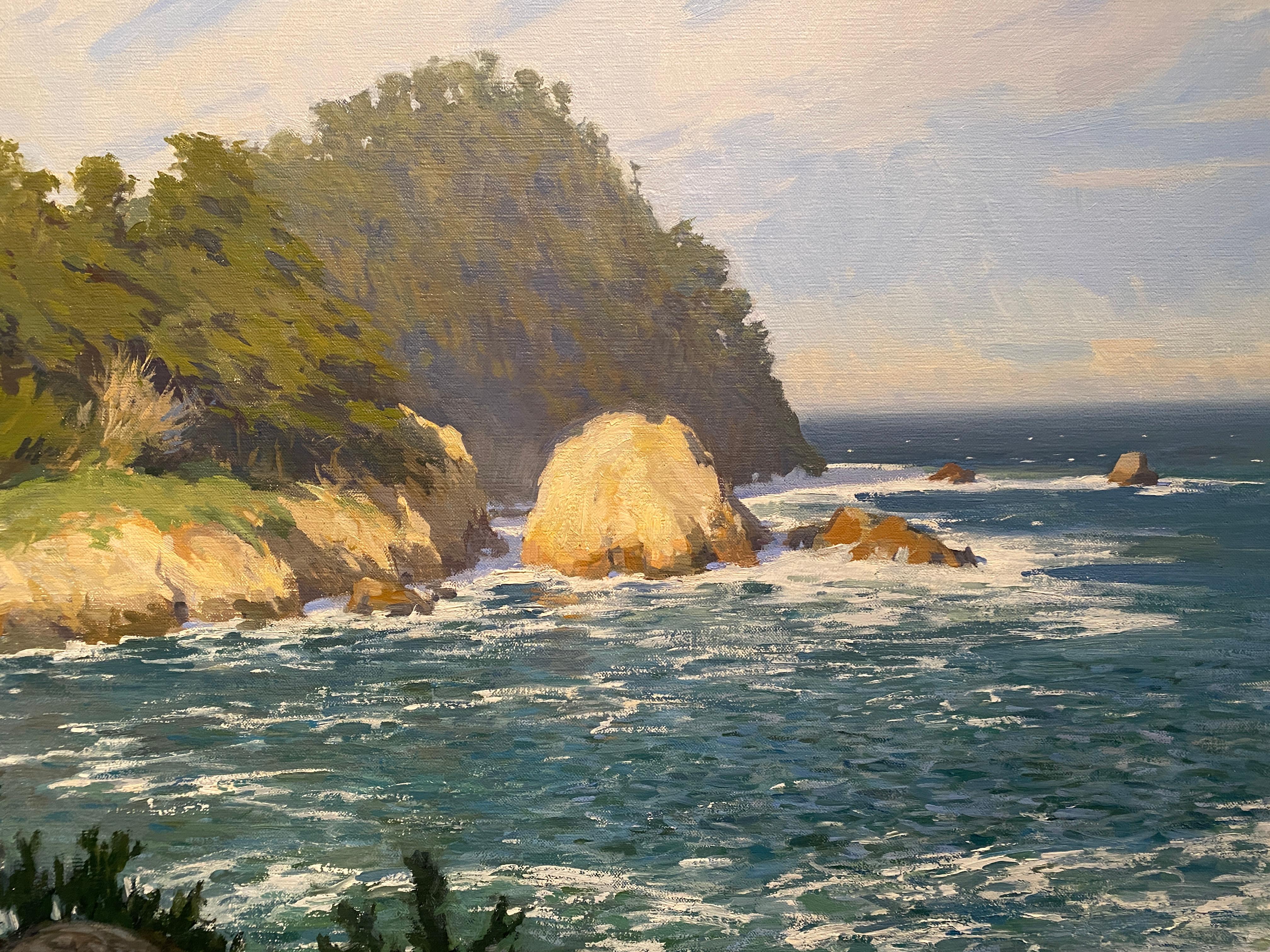 A large oil painting of a California coastline. After painting many sketches in his home state, Dalessio went to his studio and blew up the images he captured while on site. Aside blue sky filled with whisps of white clouds, meet a horizon over the