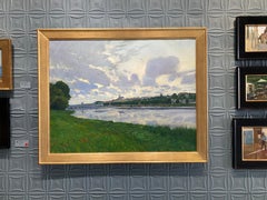 "Blois" pintura al óleo de paisaje realista plein air de pueblo francés desde el campo