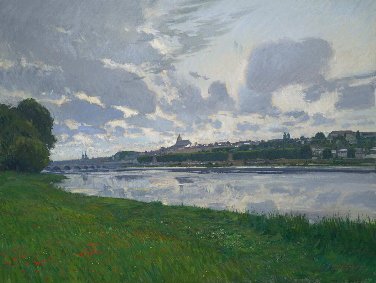 „Blois“, realistisches Pleinair-Landschafts-Ölgemälde eines französischen Dorfes aus Feld