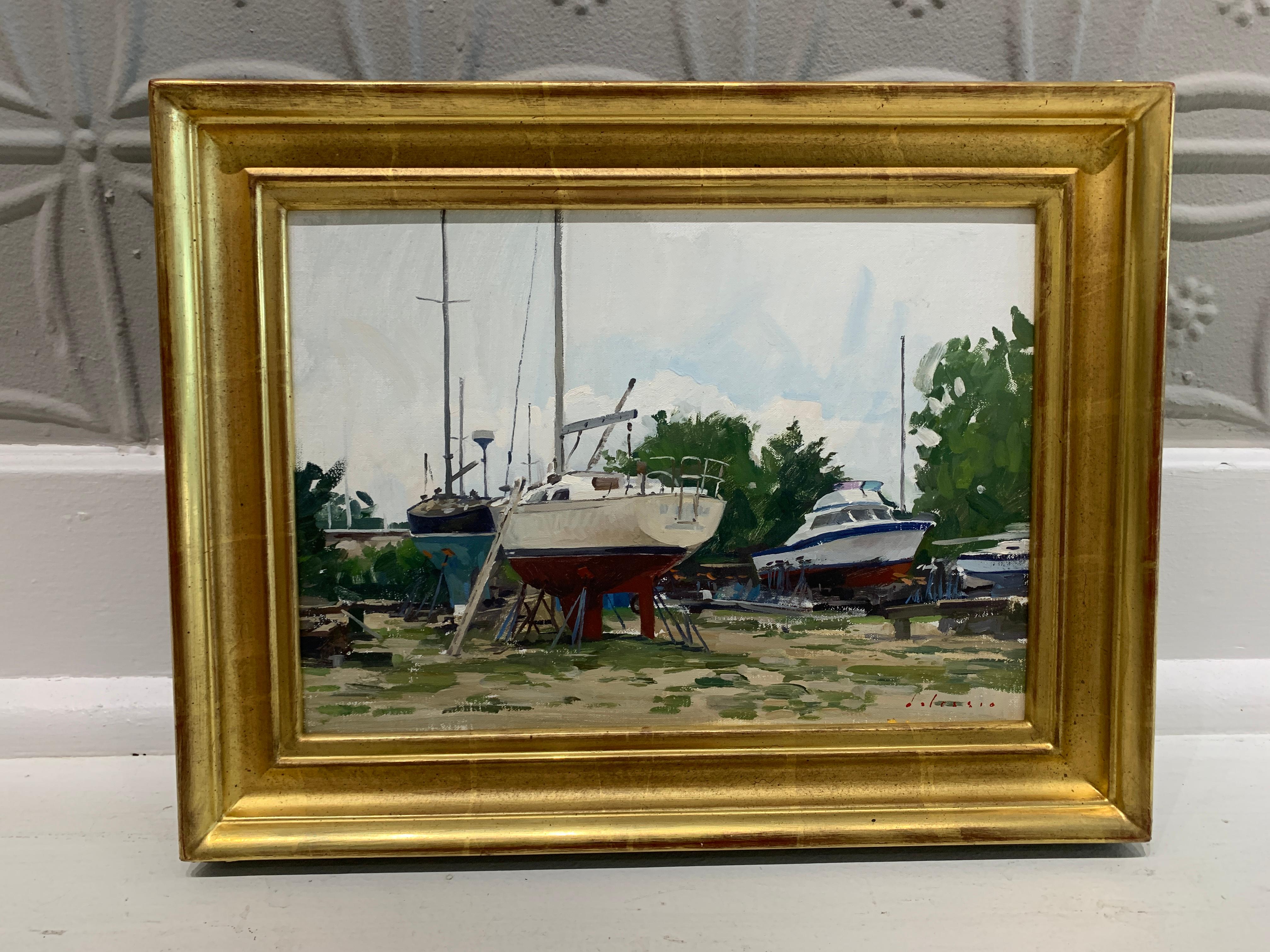 Boatyard (Drei Meilen Hafen, East Hampton) – Painting von Marc Dalessio