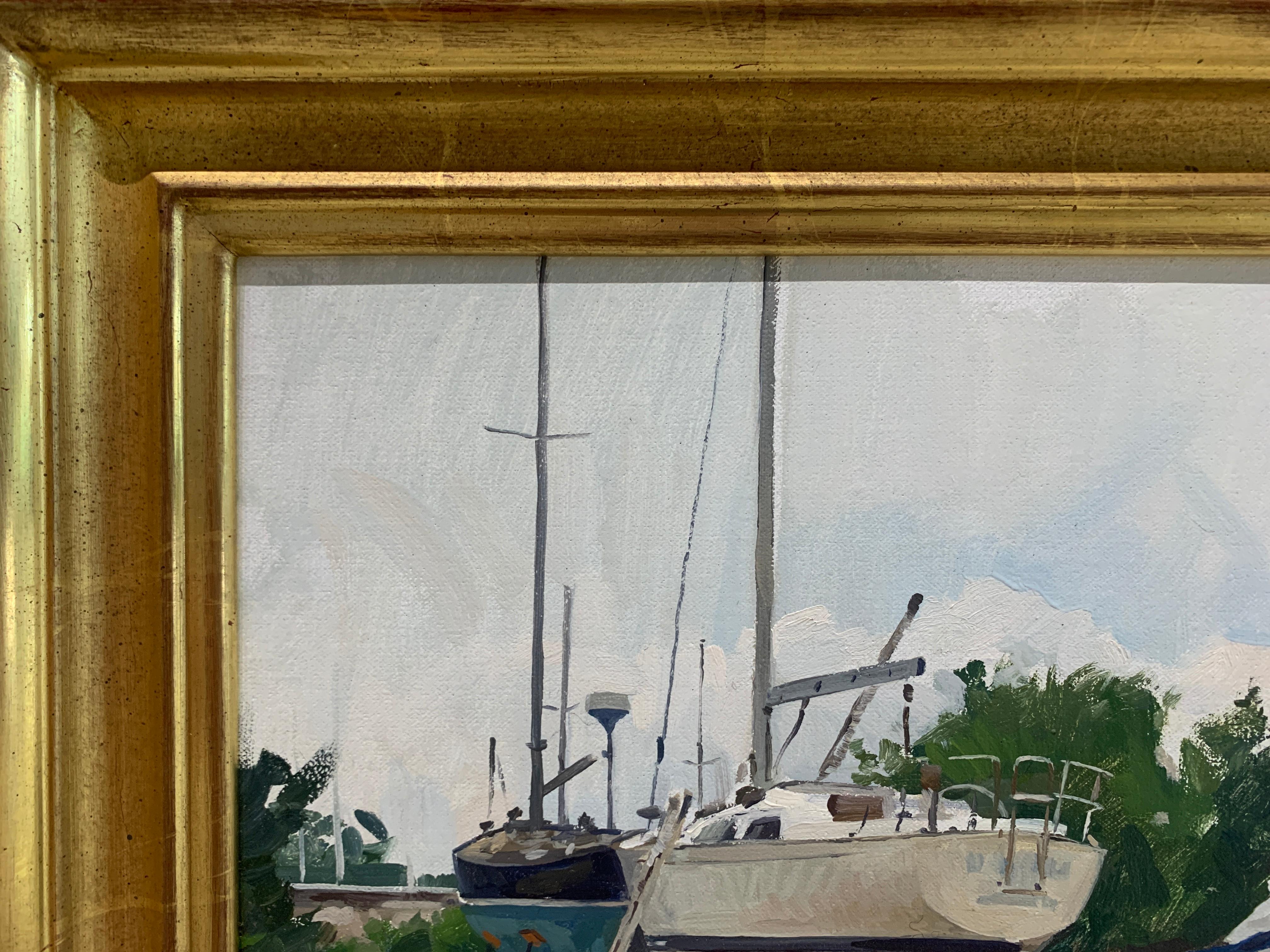 Boatyard (Drei Meilen Hafen, East Hampton) (Amerikanischer Impressionismus), Painting, von Marc Dalessio