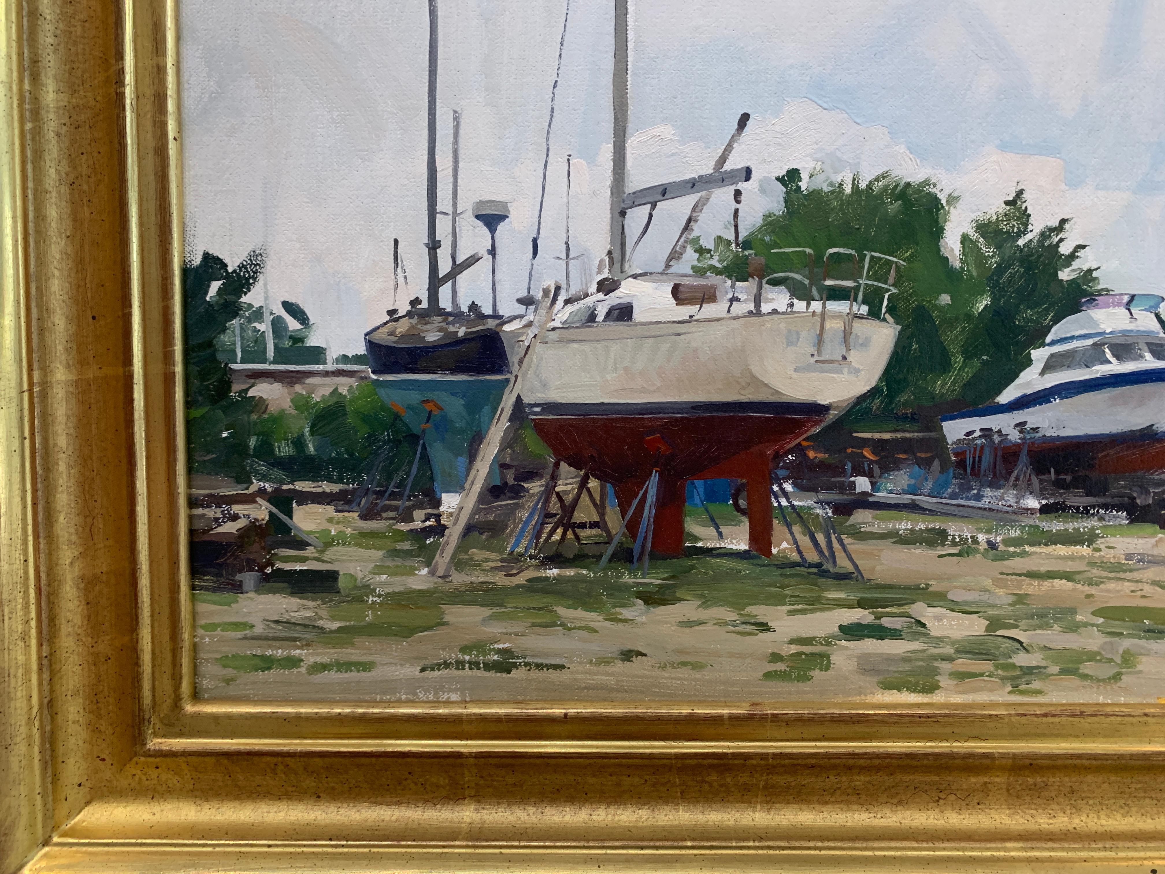 Boatyard (Drei Meilen Hafen, East Hampton) (Grau), Landscape Painting, von Marc Dalessio