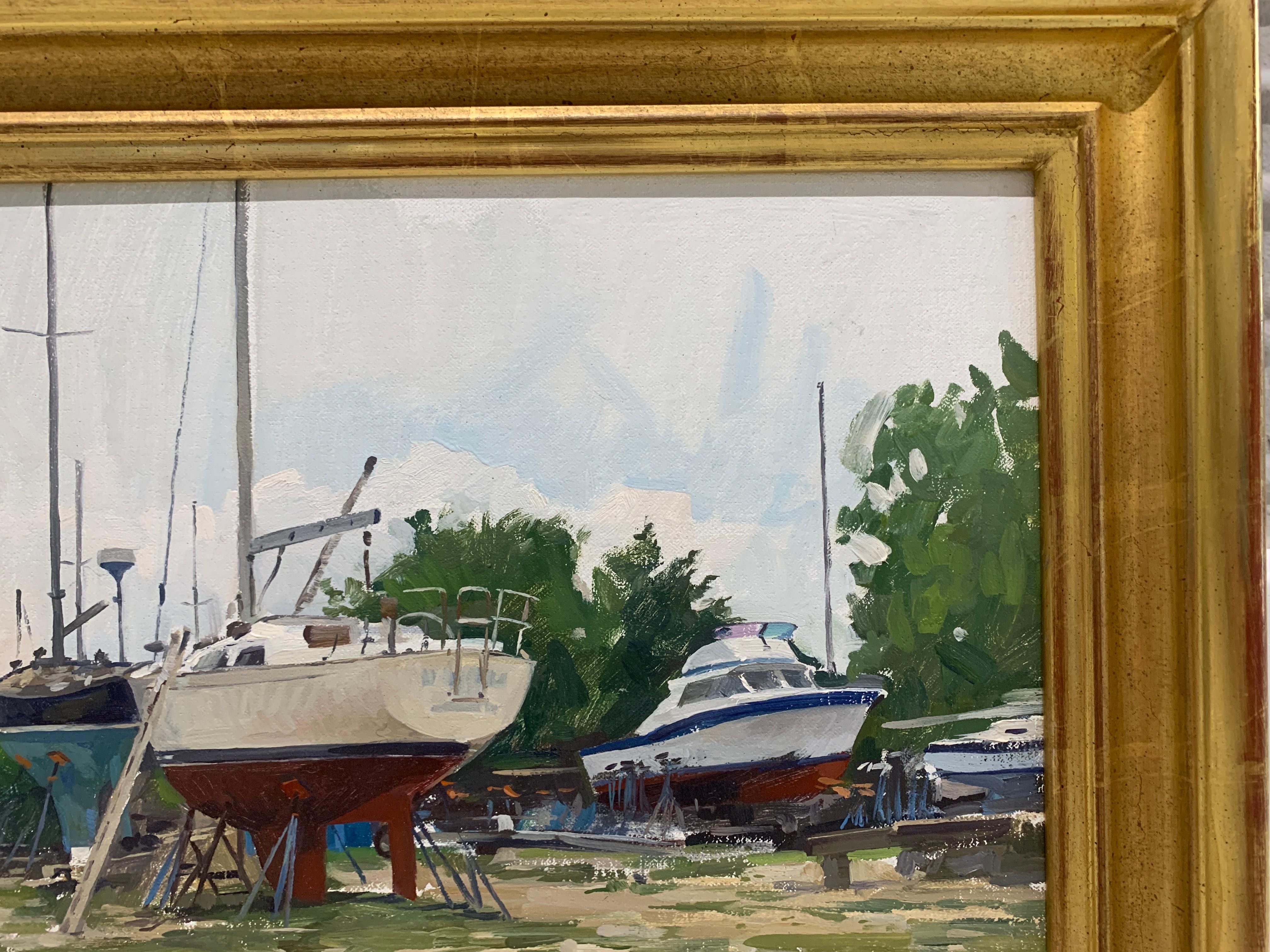 Boatyard (Three Mile Harbor, East Hampton) - American Impressionist Painting by Marc Dalessio