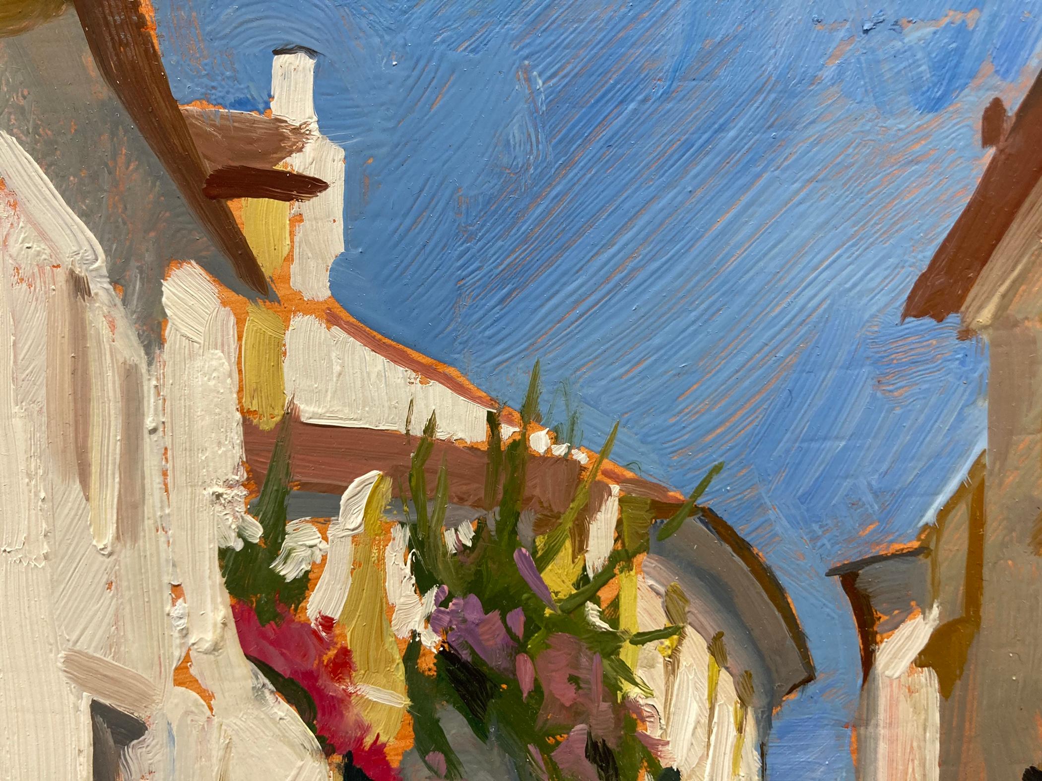 A plein air painting of a quiet street in a Portuguese city. Bougainvillea spills over the rooftop of one of the buildings, adding color and vibrancy to an otherwise tranquil scene. 

Framed dimensions: 13.5 x 17.5 inches

Artist Bio:
Marc Dalessio