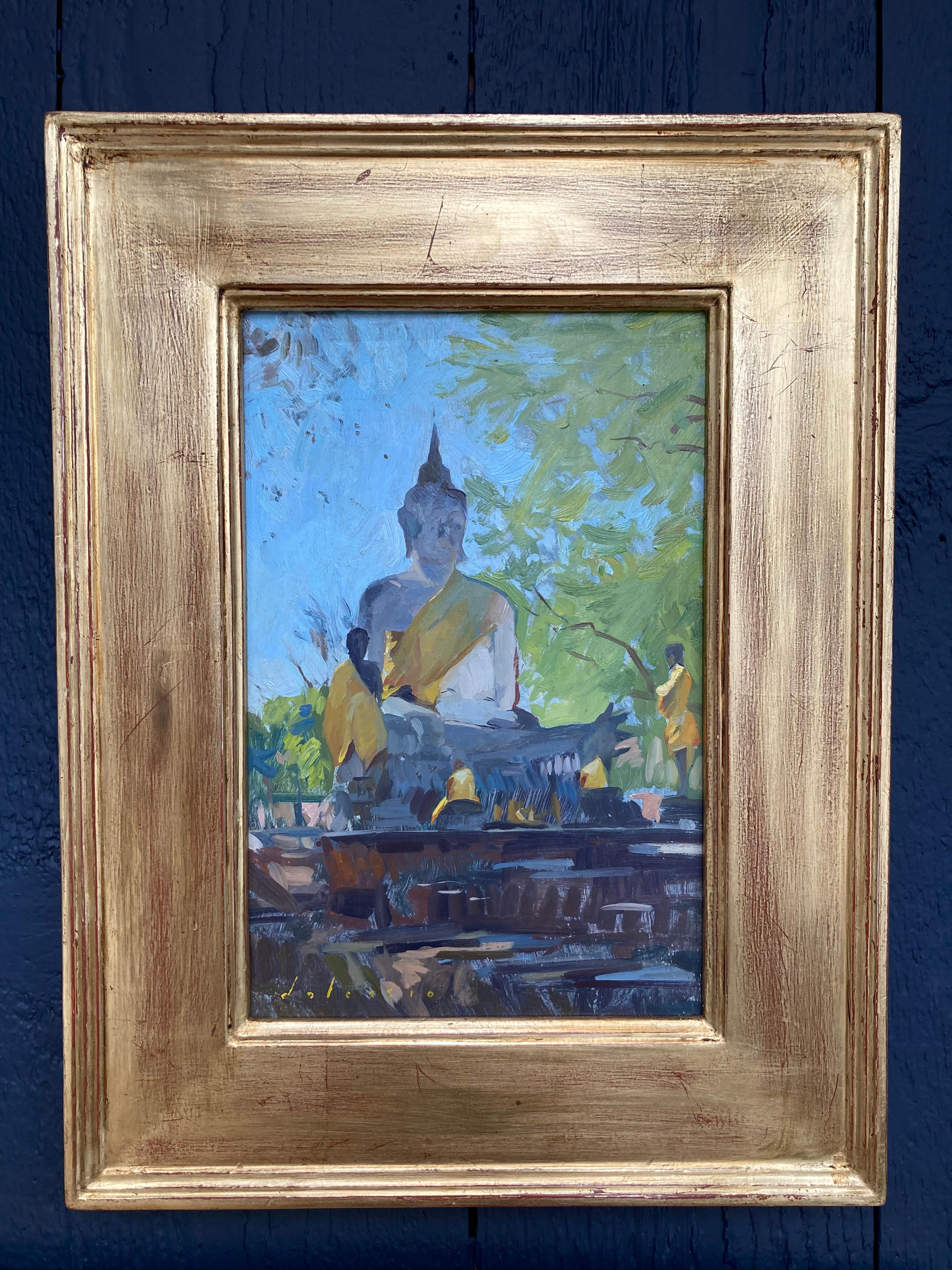 „Buddha-Statue, Ayutthaya“, Ölgemälde an einem historischen Ort in Thailand – Painting von Marc Dalessio