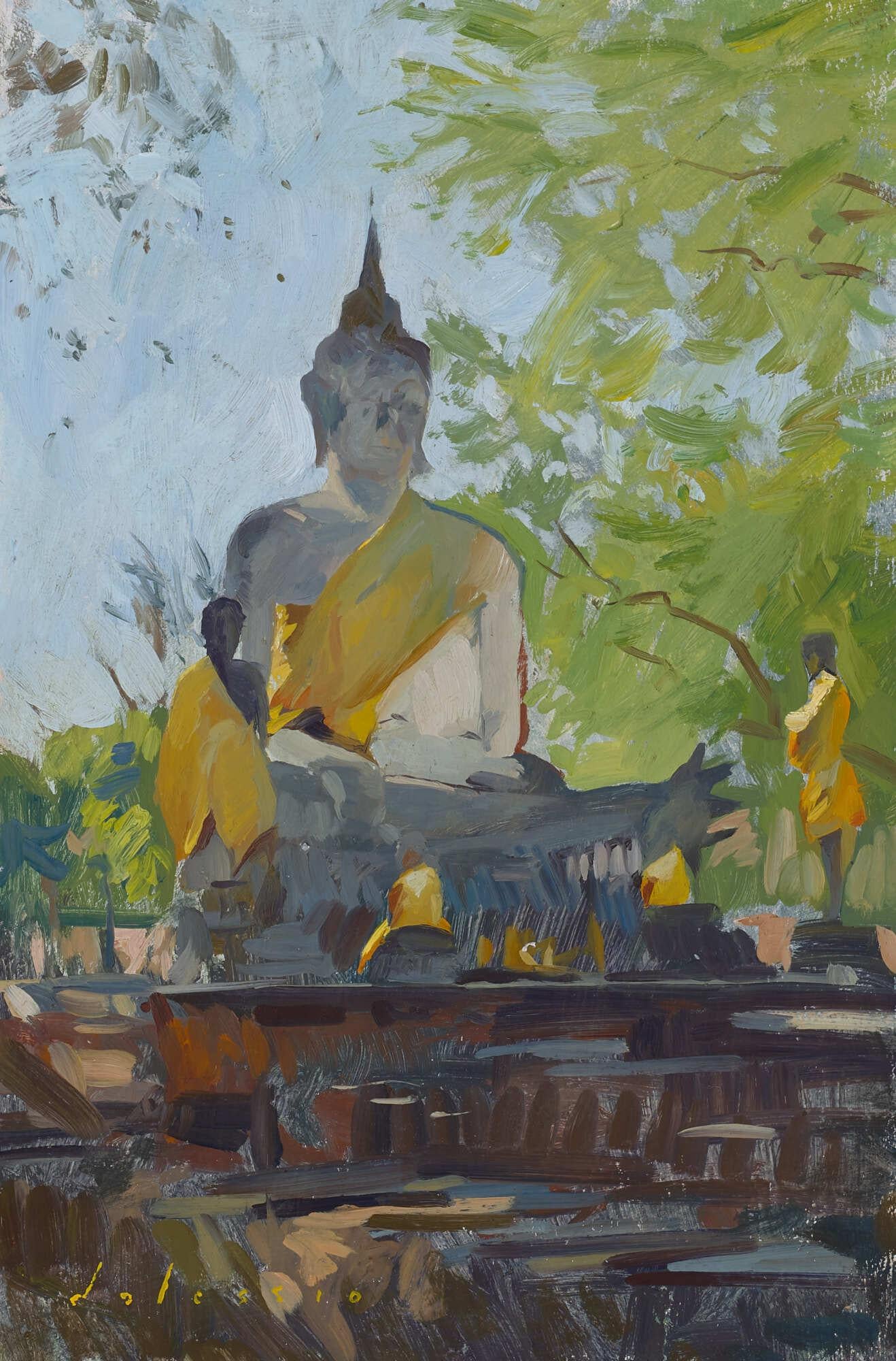 Marc Dalessio Still-Life Painting - "Buddha Statue, Ayutthaya" plein air oil painting at historic site in Thailand 