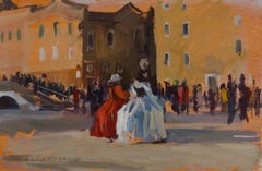"Carnival" Women in fancy gowns in town square, festive costume, Oil painting
