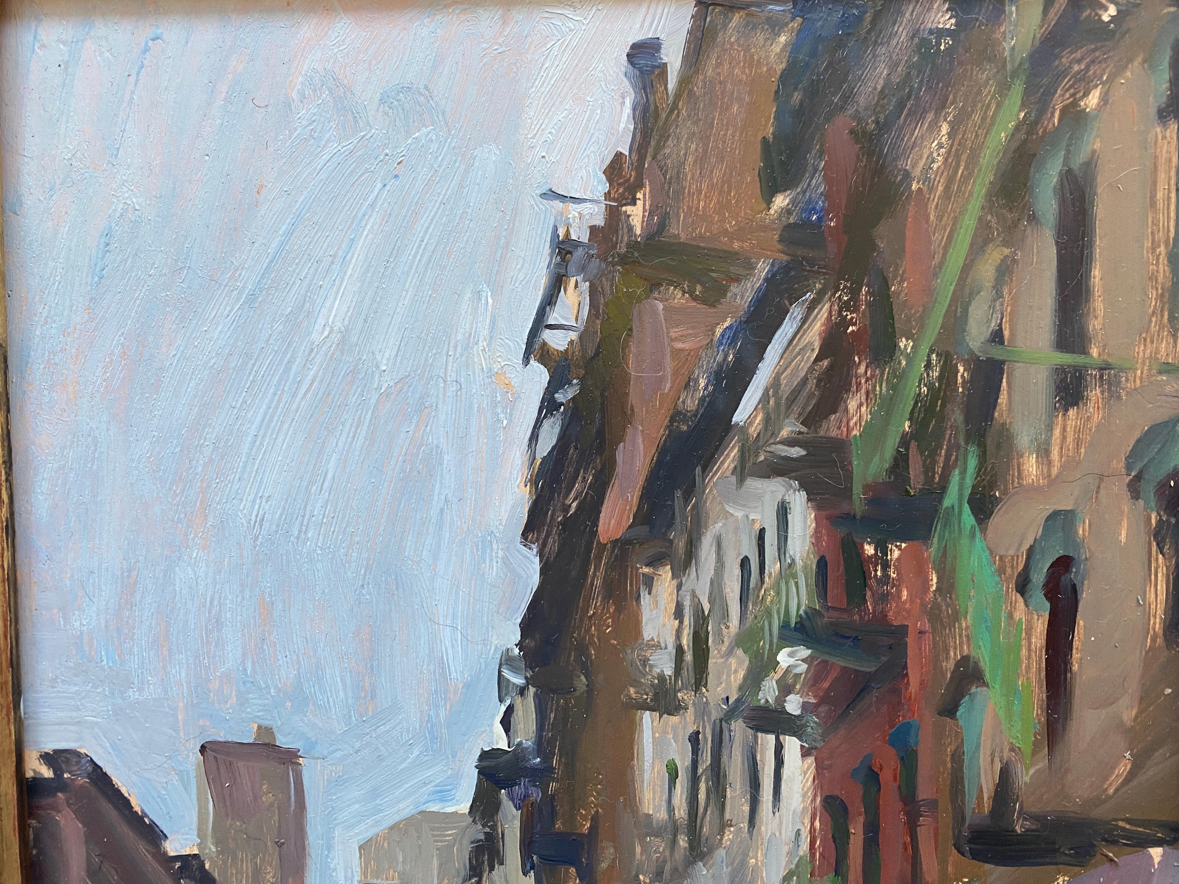 An oil painting of a street scene in Chinatown, in New York City. Cars are parked along the side of the street, and colorful awnings reach over the sidewalk. Painted on site, on the sidewalk in Manhattan, a vertically oriented panel captures city