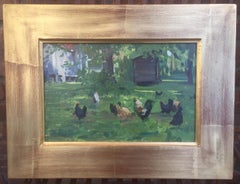 Peinture à l'huile « Chickens » représentant des poules et des coqs sur un paysage vert herbeux, encadrée