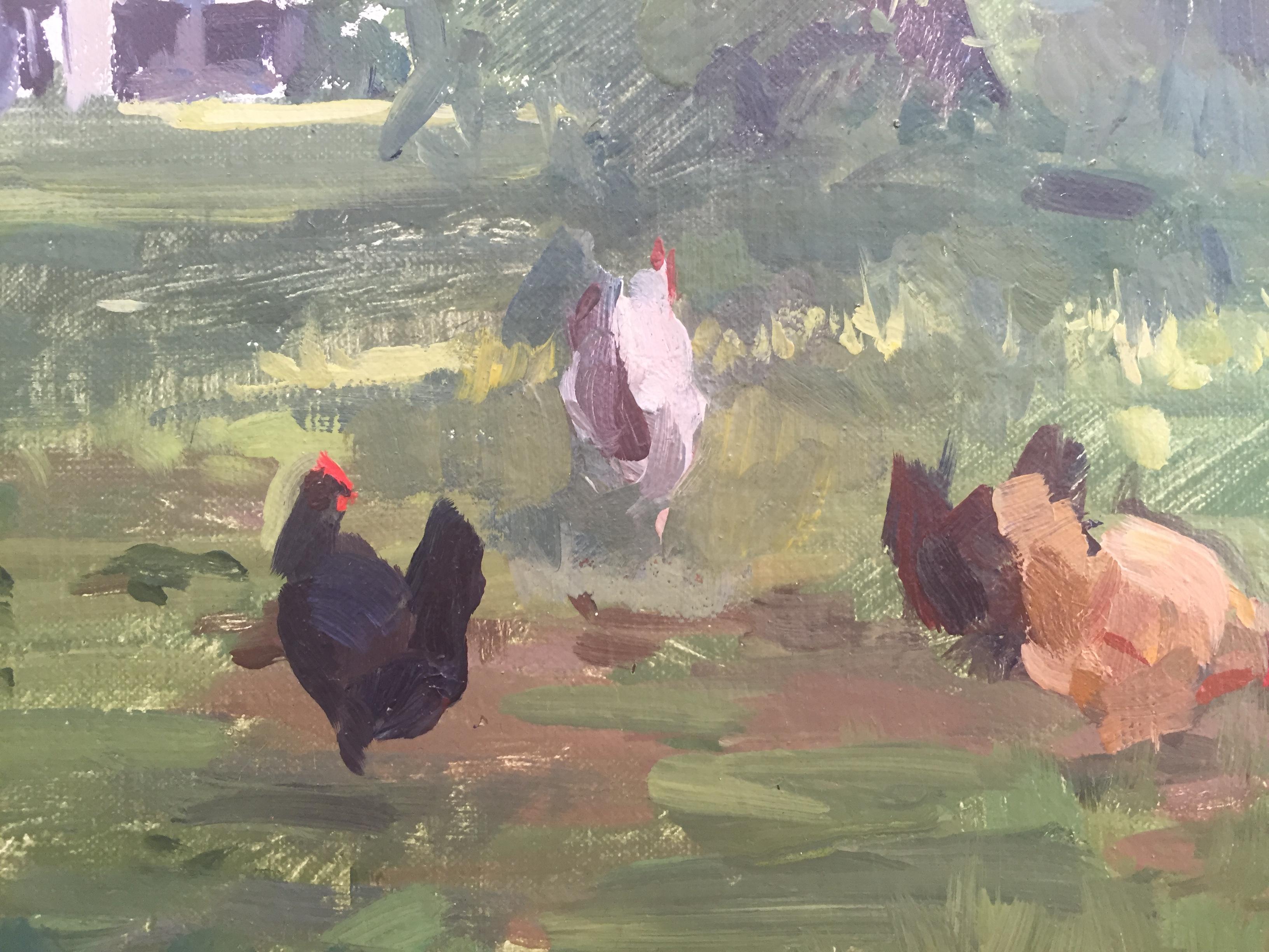 Painted en plein air, a group of chickens poke around a grassy yard. 

Frame options available. 

Marc Dalessio was born in 1972 in Los Angeles, California. Even in his earliest years, it was evident that his passion was art. In 1989 he started at