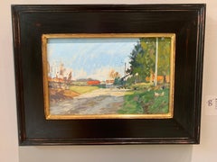 "Chickens in a Road" oil painting of rural farm landscape, dirt road, animals