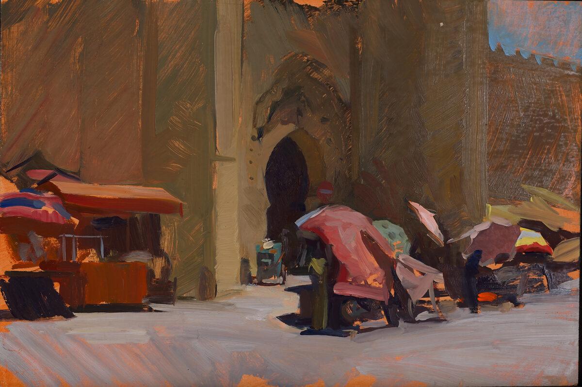 Marc Dalessio Still-Life Painting - "City Gates, Fez" plein air painting of ppl at the edge of a village in Morocco 